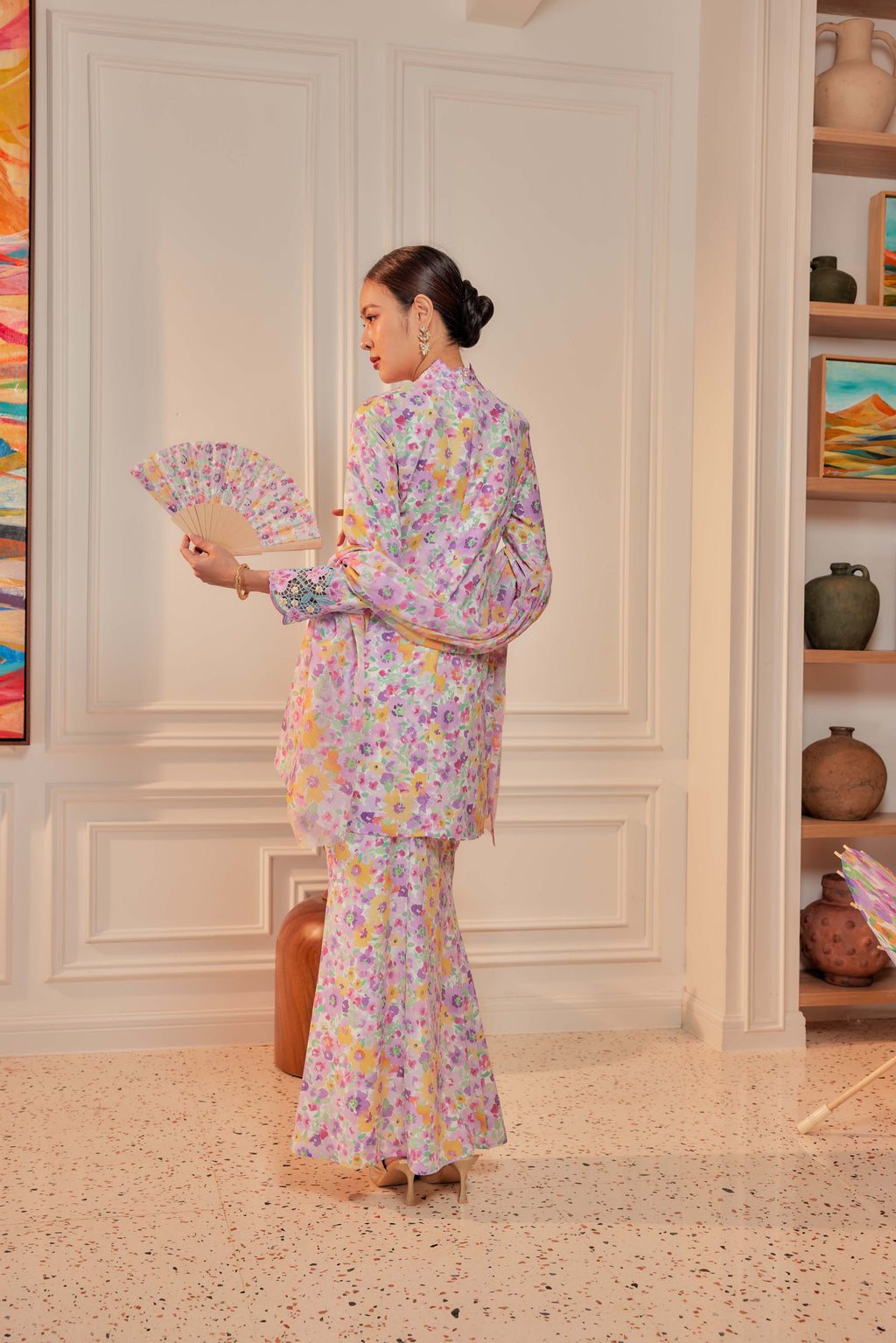 41 - Indah Sekarjati II - Kebaya Sulam Goyang Set With Matching Fan & Selendang [PREORDER]