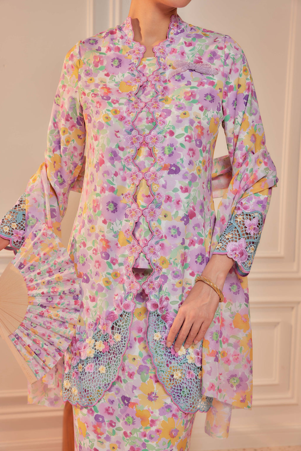 41 - Indah Sekarjati II - Kebaya Sulam Goyang Set With Matching Fan & Selendang [PREORDER]