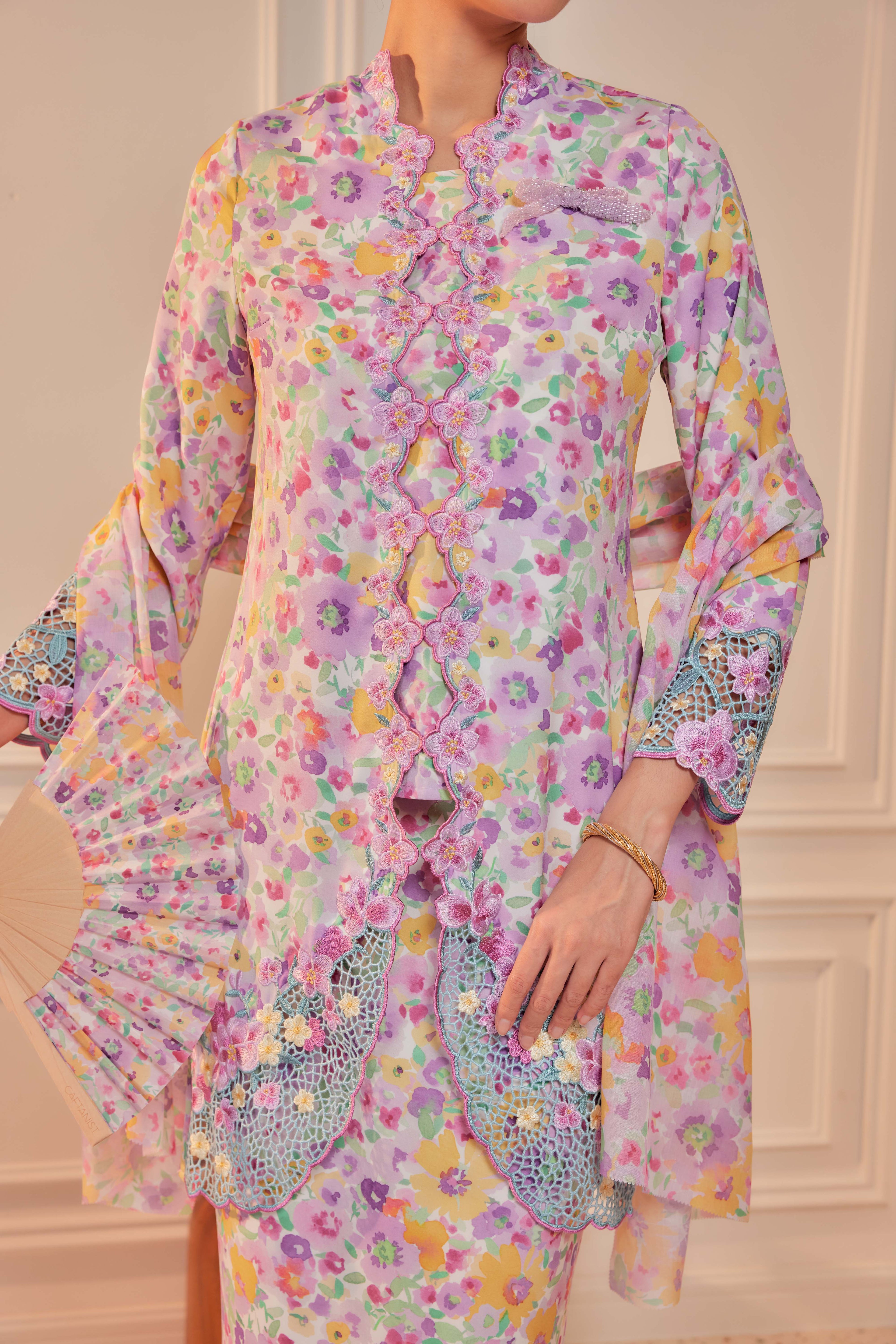 41 - Indah Sekarjati II - Kebaya Sulam Goyang Set With Matching Fan & Selendang [PREORDER]