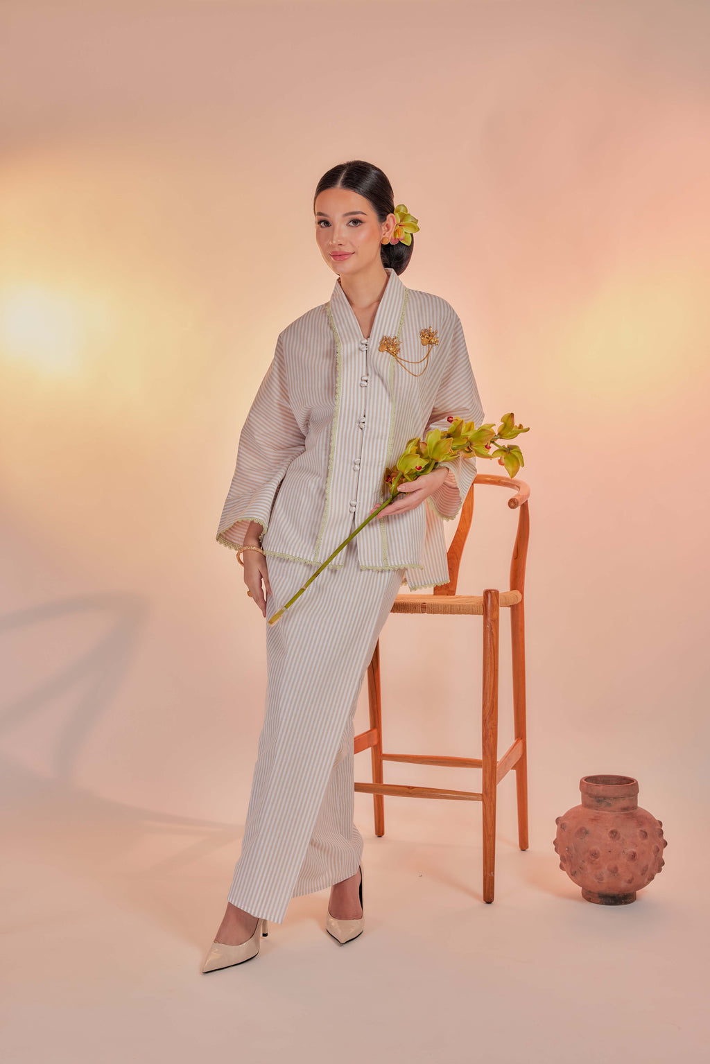Kapuk-Orked Cotton Striped Kebaya with Lace Trim Set