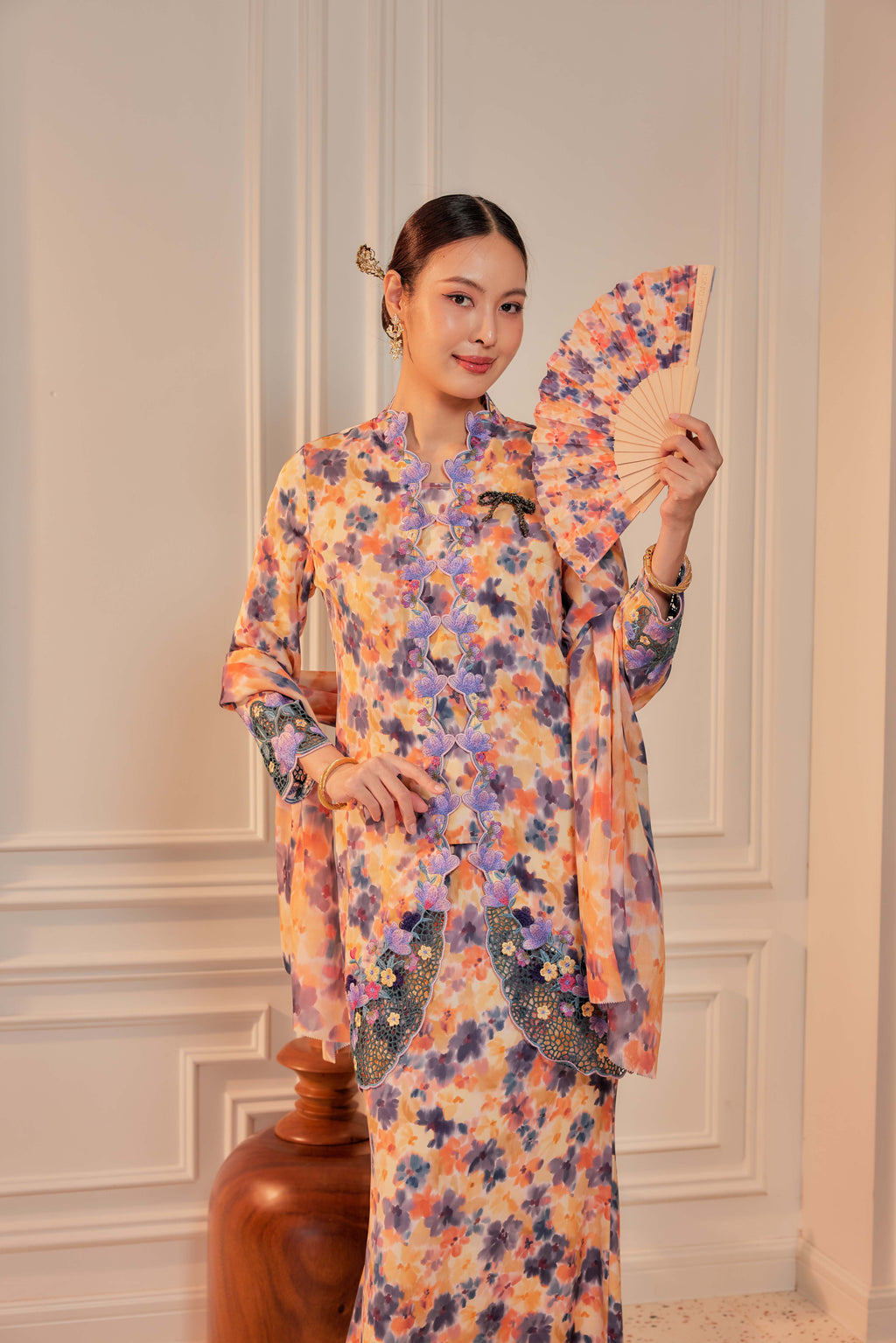 46 - Sundari Kenanga V - Kebaya Sulam Goyang Set With Matching Fan & Selendang [PREORDER]