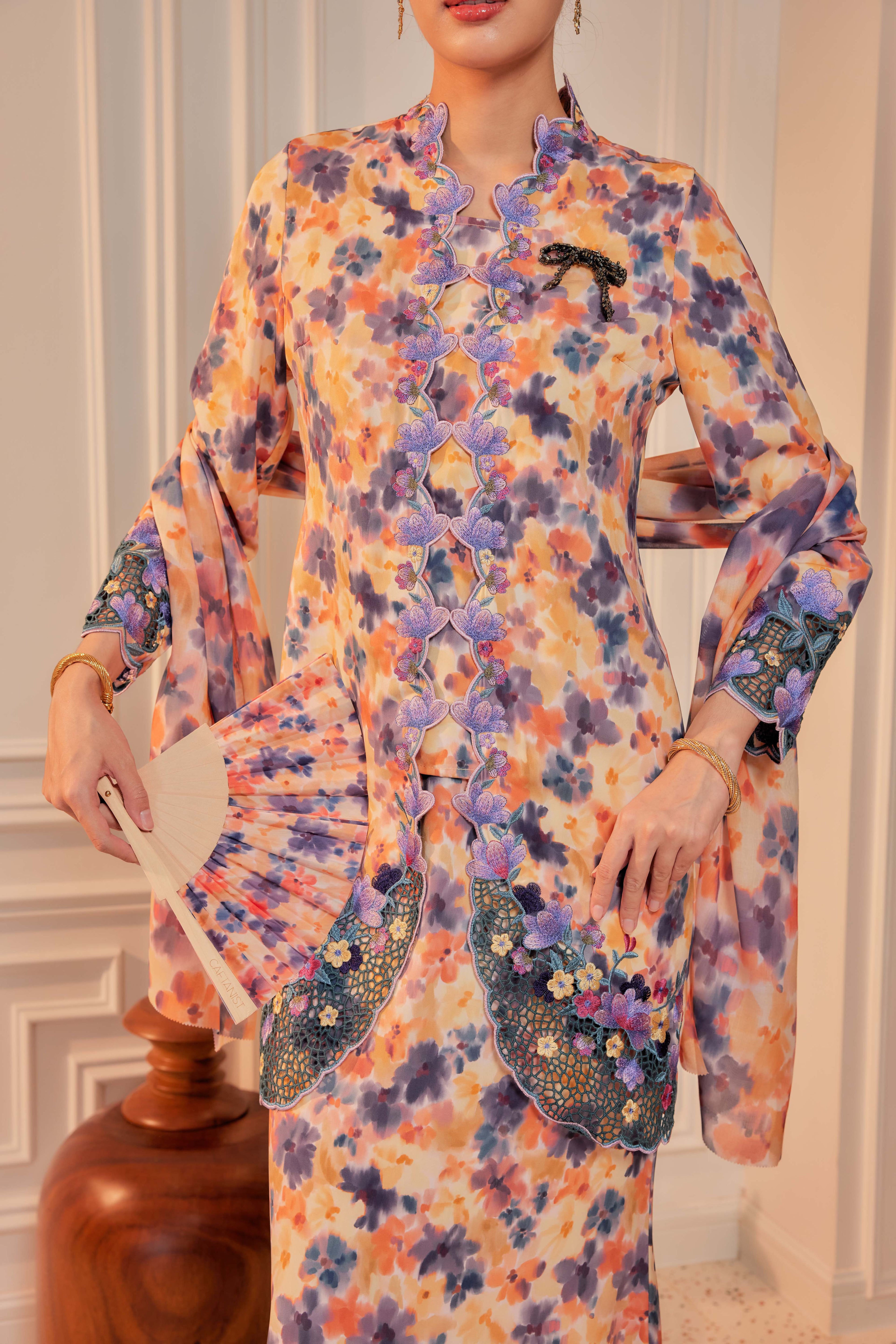 46 - Sundari Kenanga V - Kebaya Sulam Goyang Set With Matching Fan & Selendang [PREORDER]