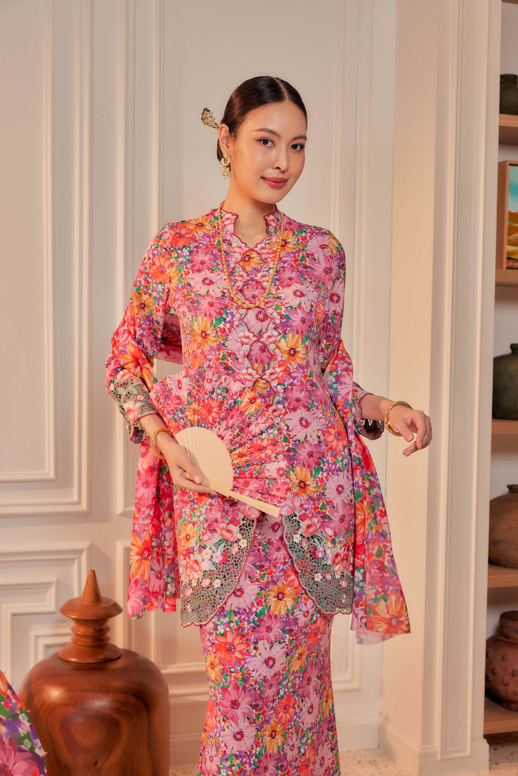 29 - Seroja Indah - Kebaya Sulam Goyang Set With Matching Fan & Selendang [PREORDER]