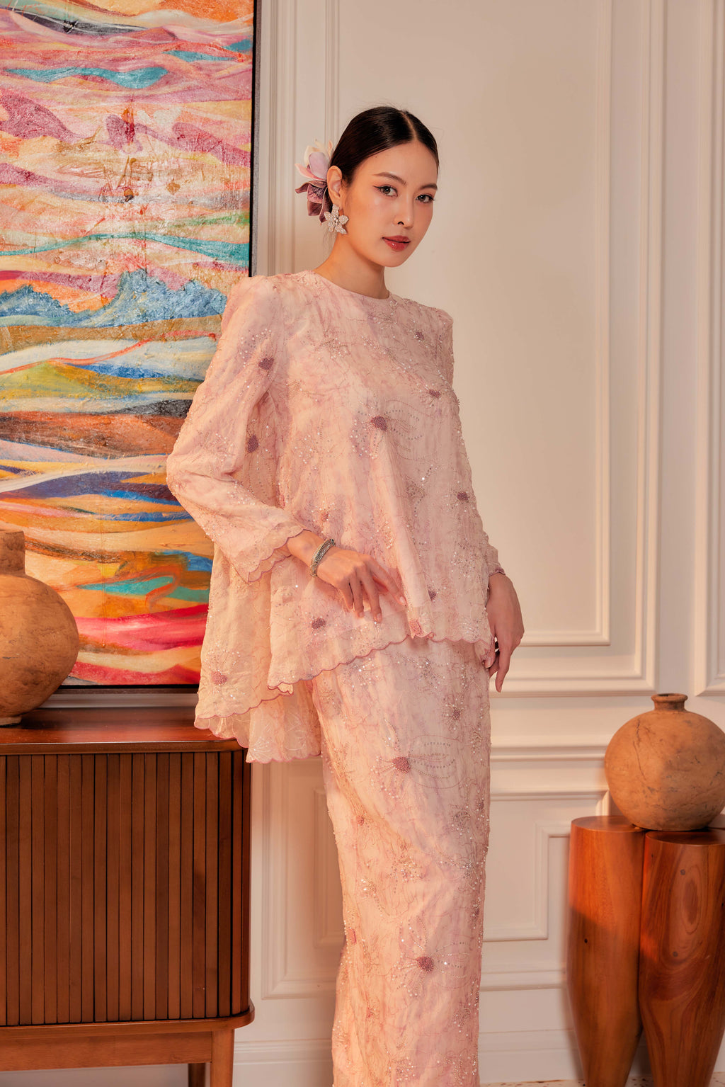 Cotton Candy - Nona Pearl Beaded Embellished Kurung (Fully Lined)