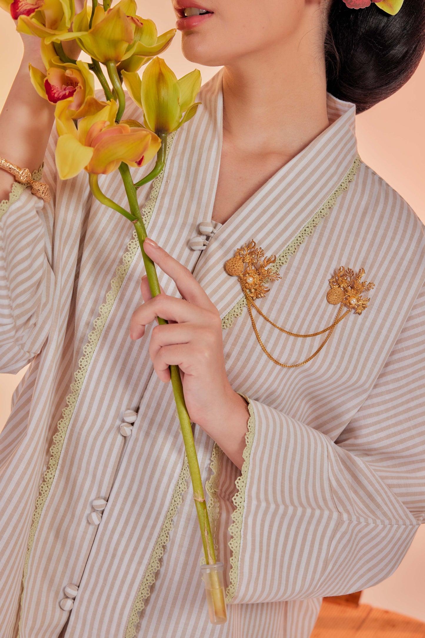 Kapuk-Orked Cotton Striped Kebaya with Lace Trim Set