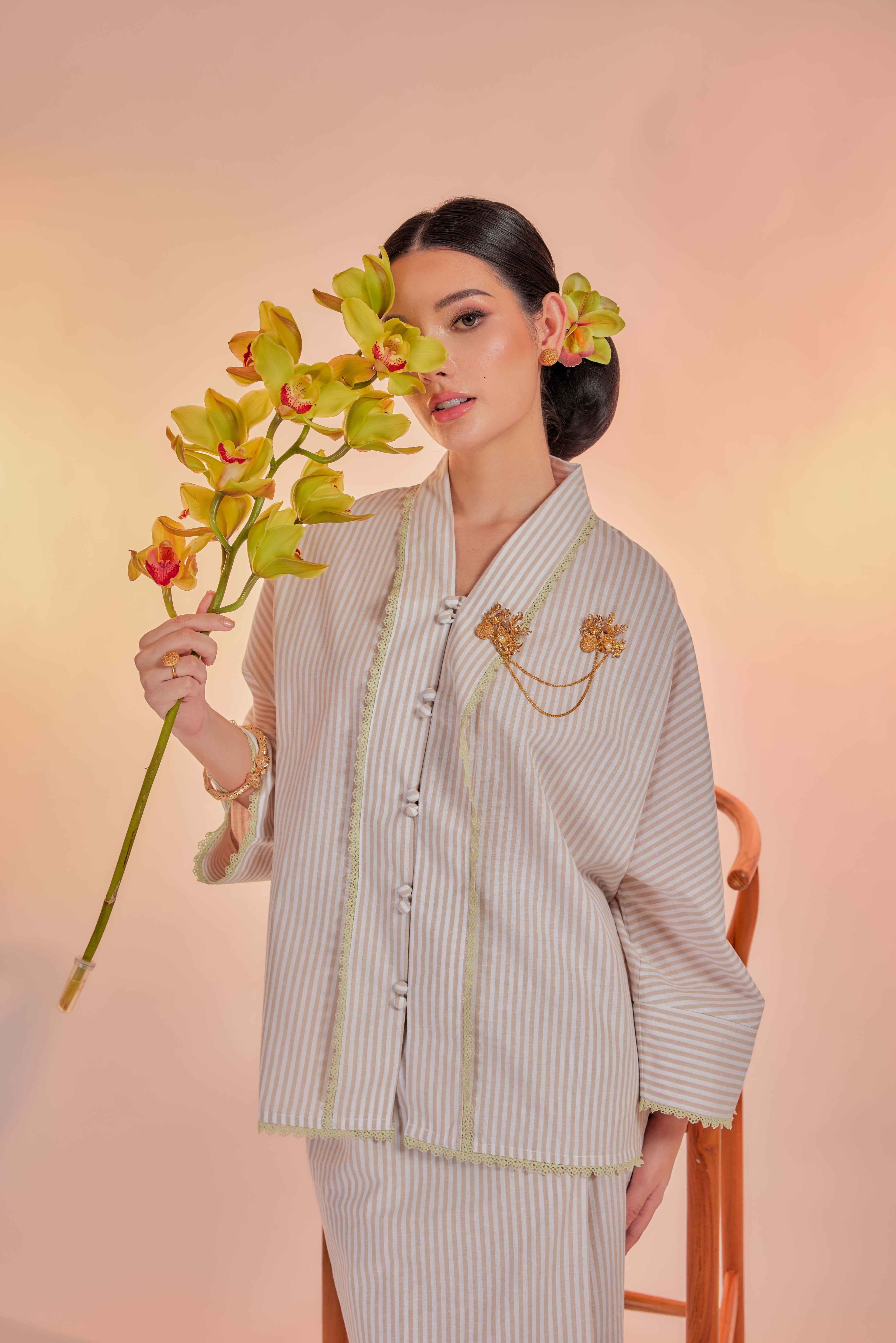 Kapuk-Orked Cotton Striped Kebaya with Lace Trim Set