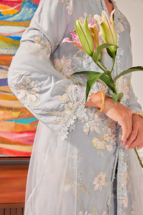 Ash Blue - Embun Sulam Kurung with 3-Piece Pearled Brooch Set (Fully Lined)