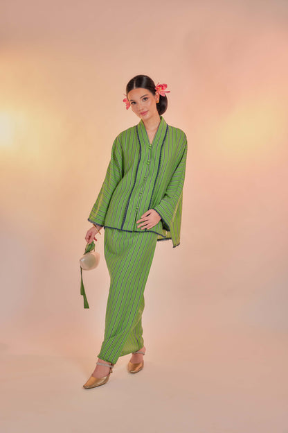 Gadung-Orked Cotton Striped Kebaya with Lace Trim Set