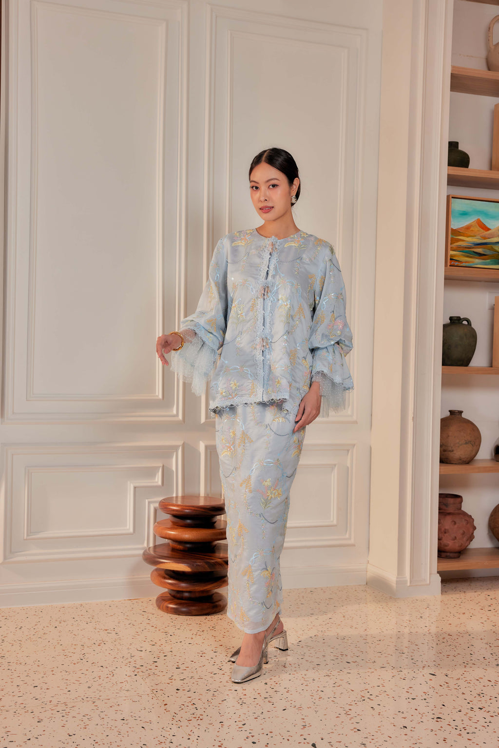 Bayu - Marni Beaded Embellished Kurung with Set of 3 Brooch (Fully Lined)