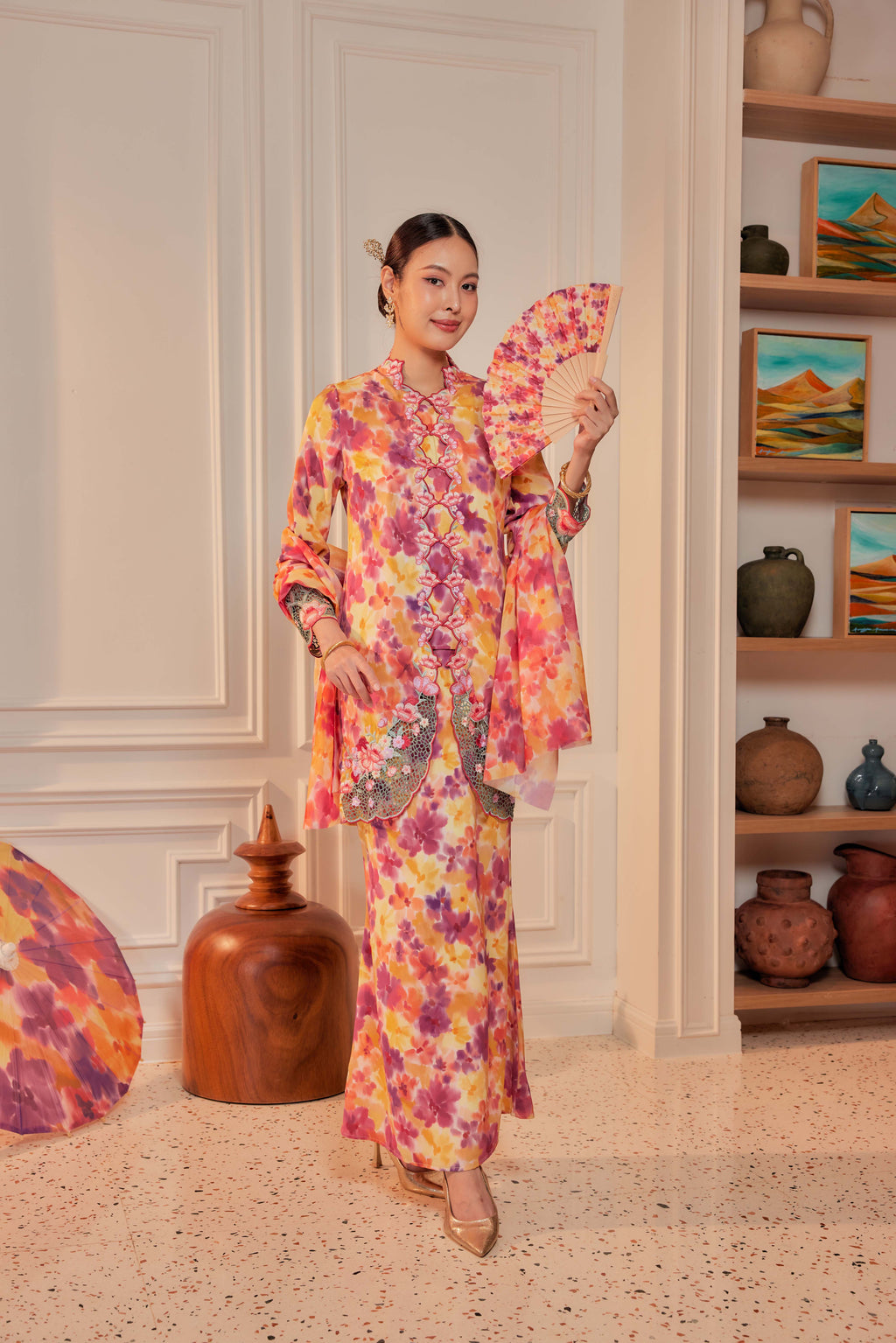 44- Sundari Kenanga III - Kebaya Sulam Goyang Set With Matching Fan & Selendang [PREORDER]