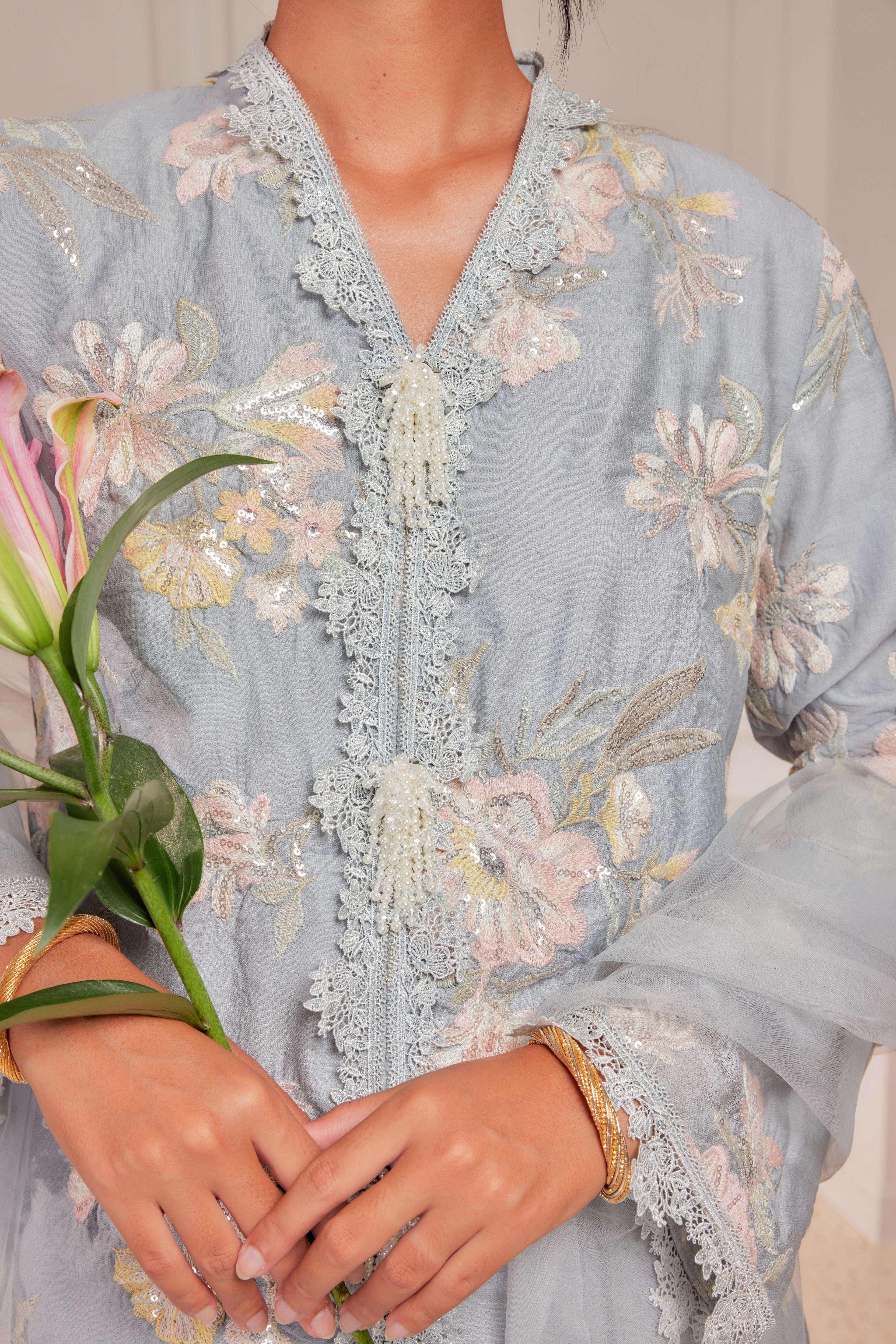 Ash Blue - Embun Sulam Kurung with 3-Piece Pearled Brooch Set (Fully Lined)