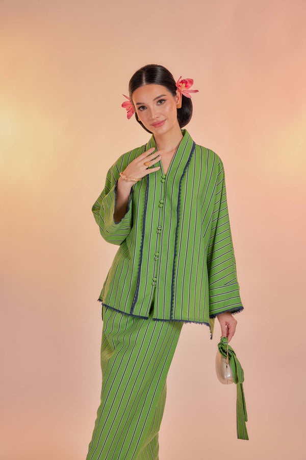 Gadung-Orked Cotton Striped Kebaya with Lace Trim Set