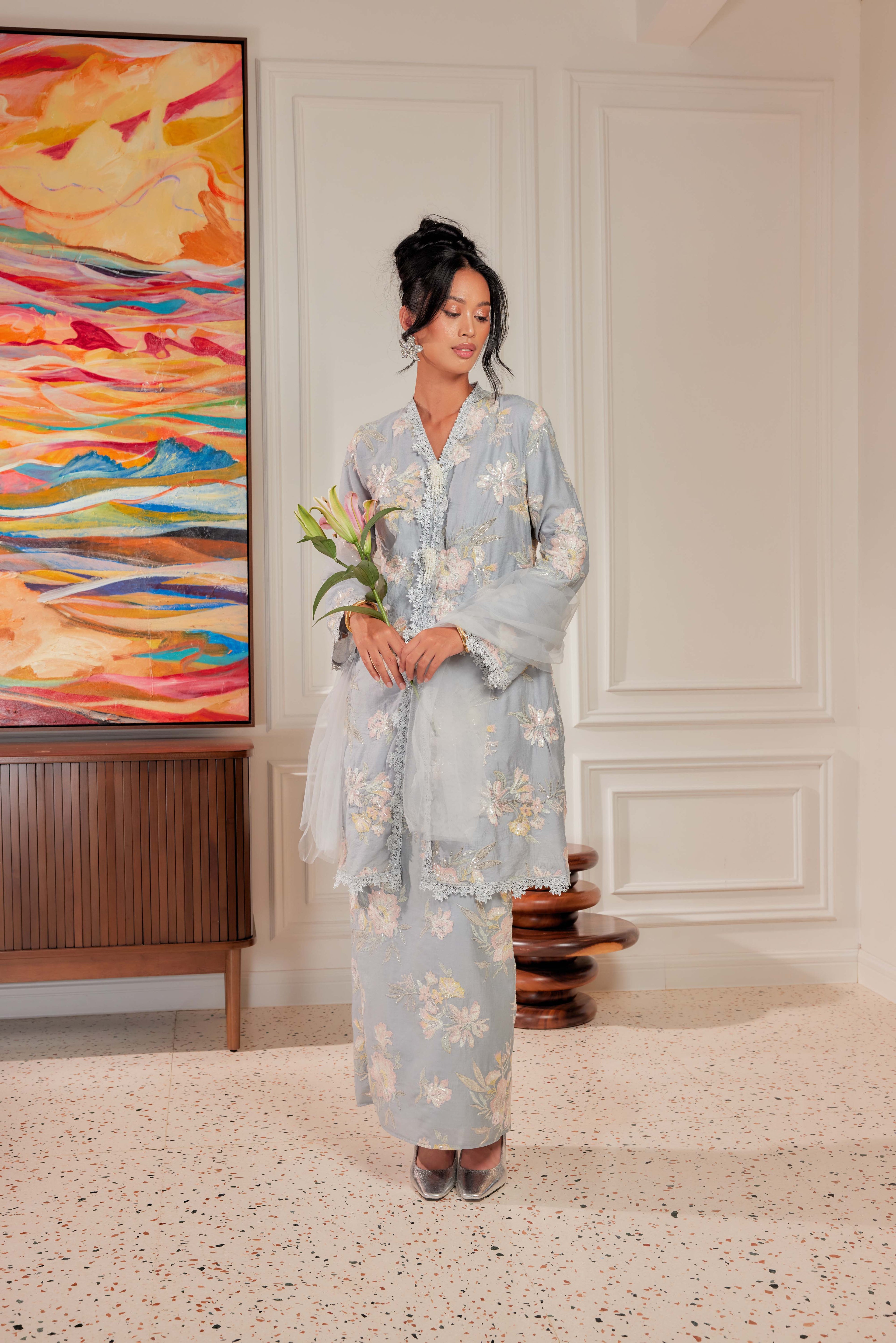 Ash Blue - Embun Sulam Kurung with 3-Piece Pearled Brooch Set (Fully Lined)