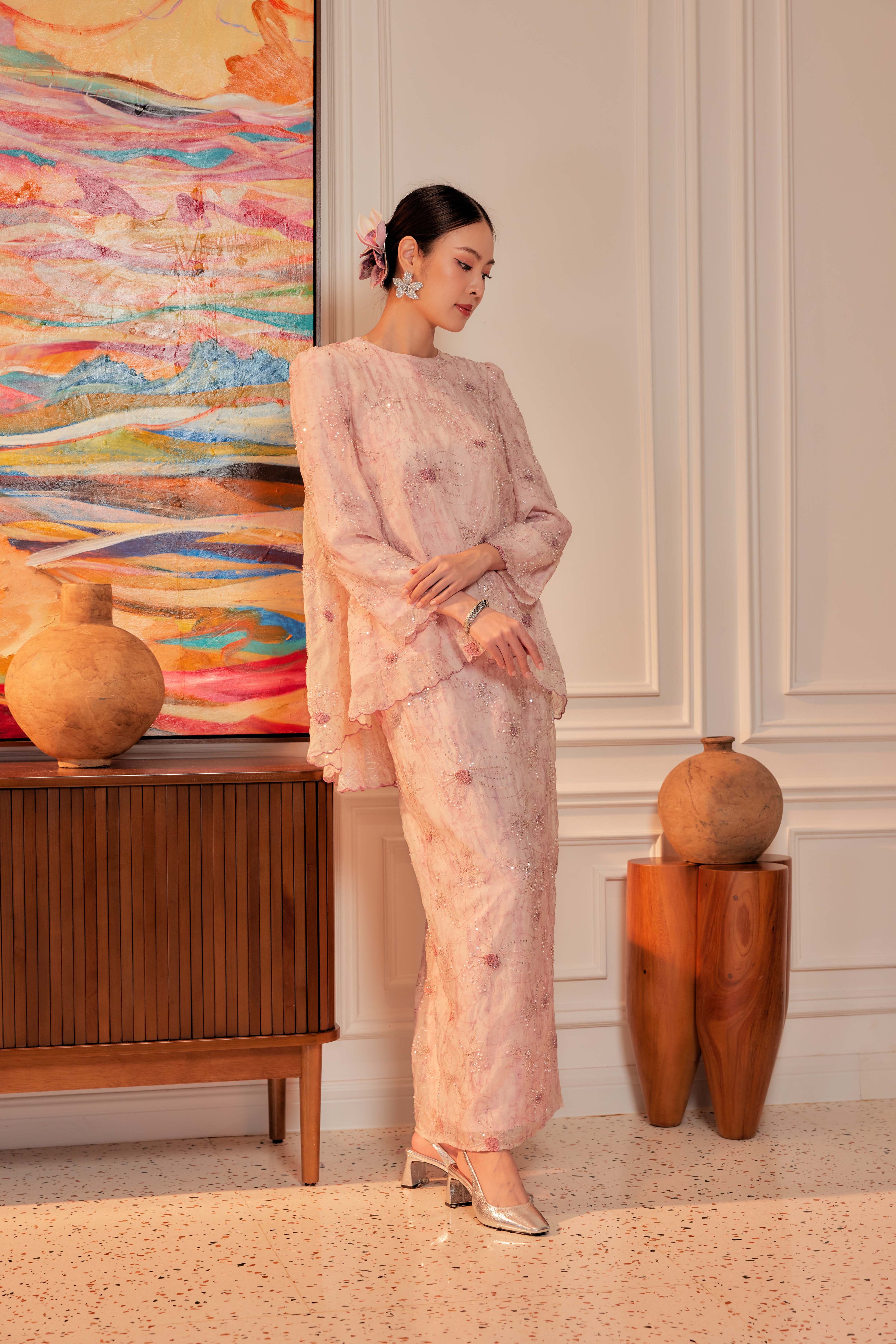 Cotton Candy - Nona Pearl Beaded Embellished Kurung (Fully Lined)