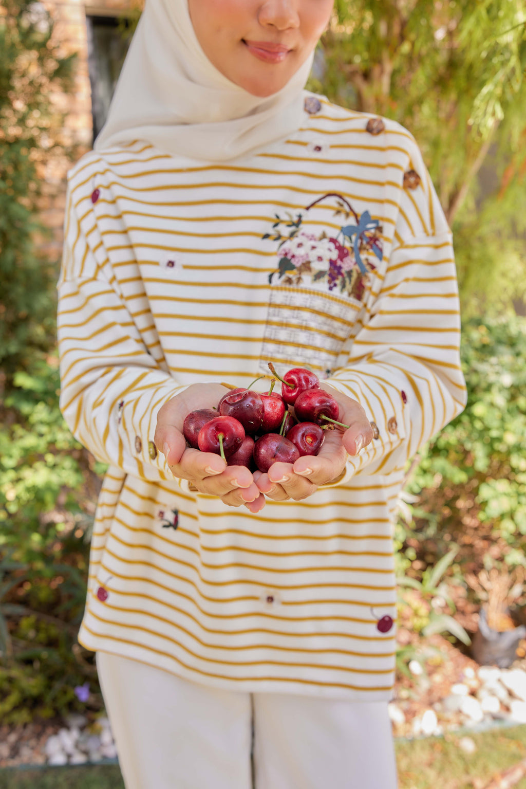 [PREORDER] Fleuriste Embroidered Cotton Tee with Signature Buttons — Butter Yellow Stripes