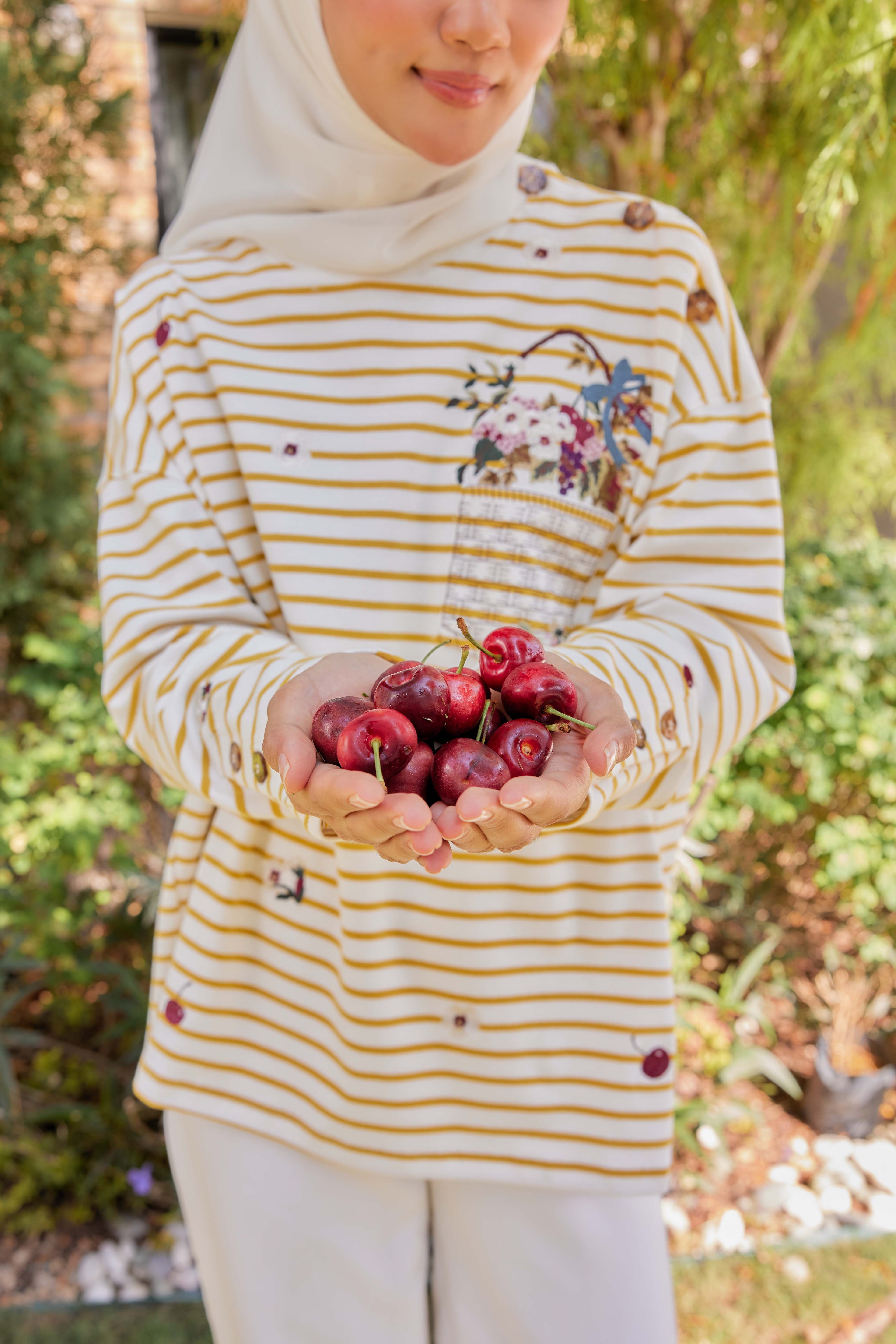 [PREORDER] Fleuriste Embroidered Cotton Tee with Signature Buttons — Butter Yellow Stripes