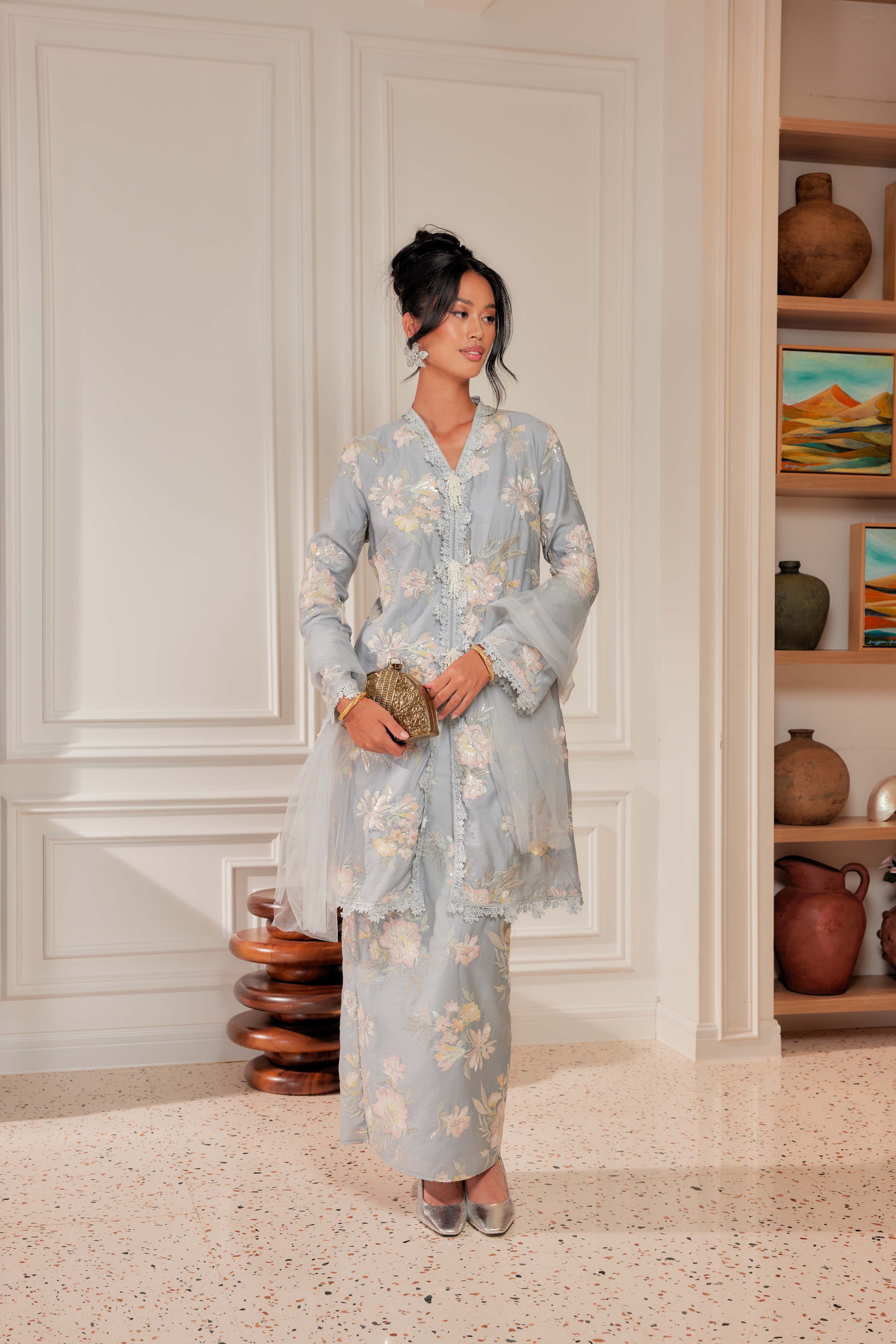 Ash Blue - Embun Sulam Kurung with 3-Piece Pearled Brooch Set (Fully Lined)