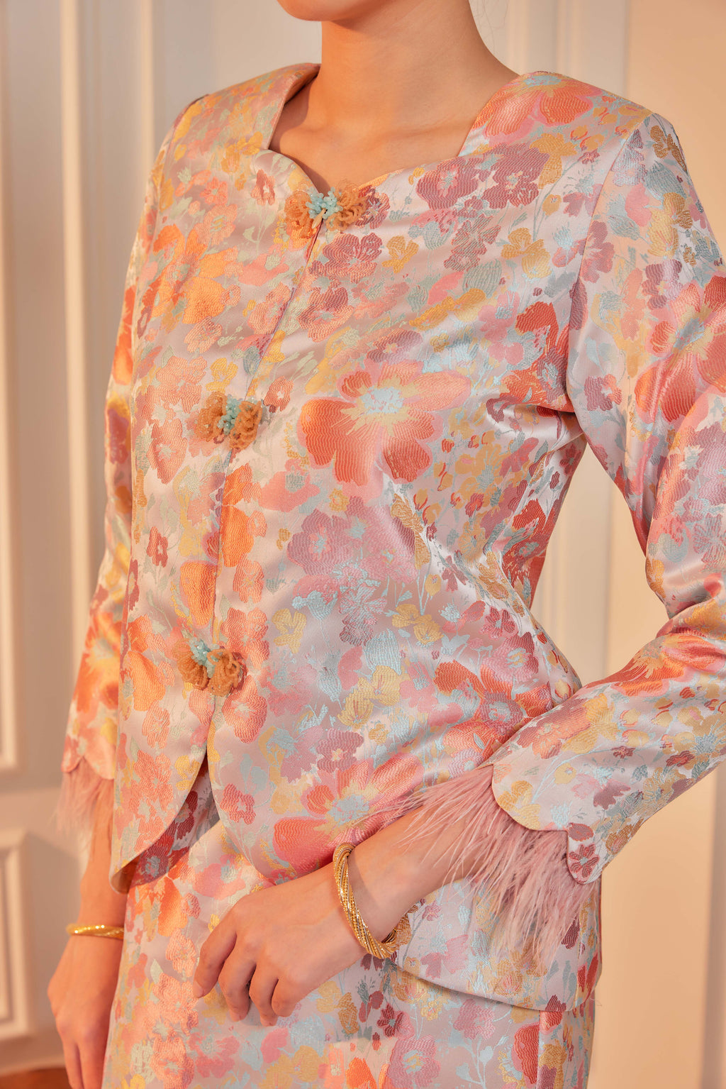 Silken Amber - Purnama Embellished Kebaya with Feathered Sleeves (Fully Lined)