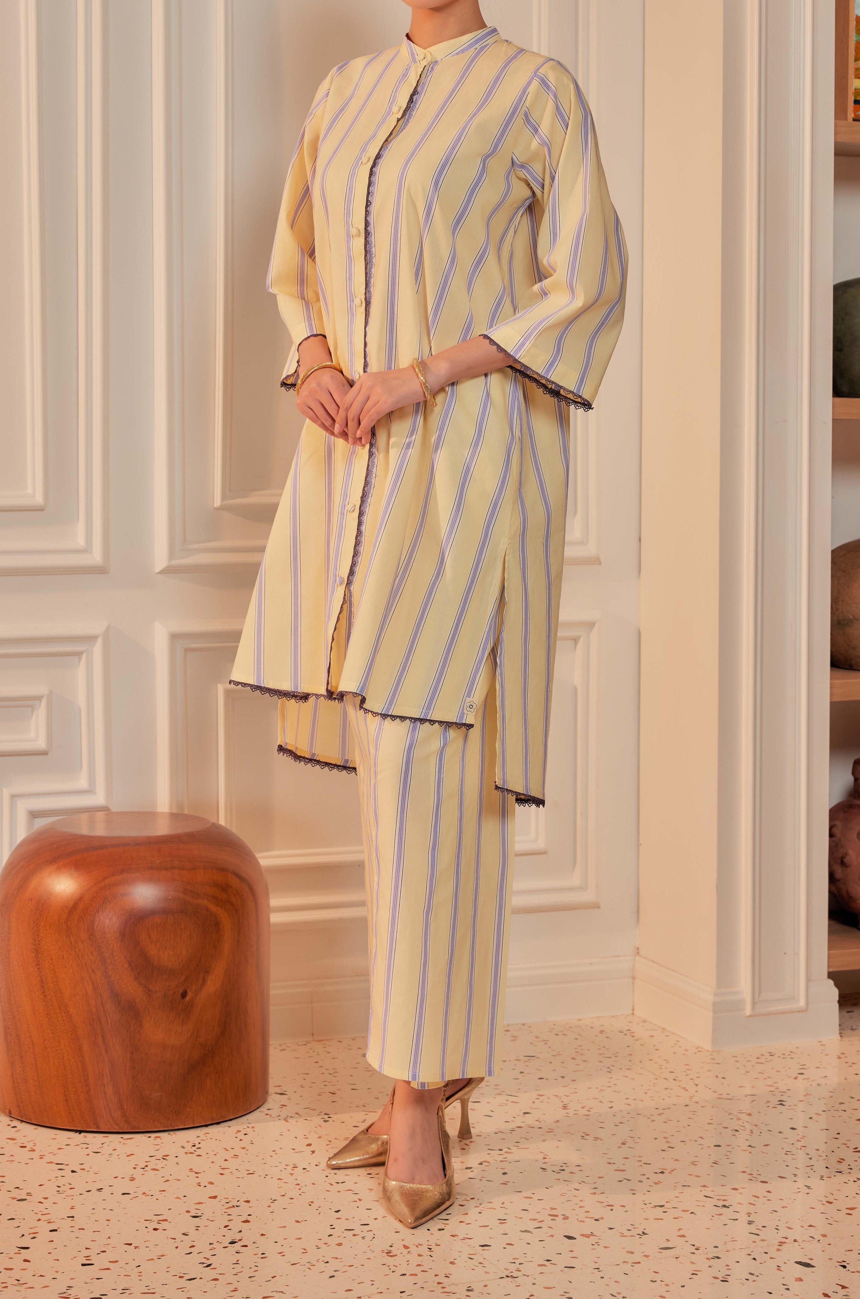 Kuning Air - Airis Cotton Striped Kebarung with Lace Trim Set
