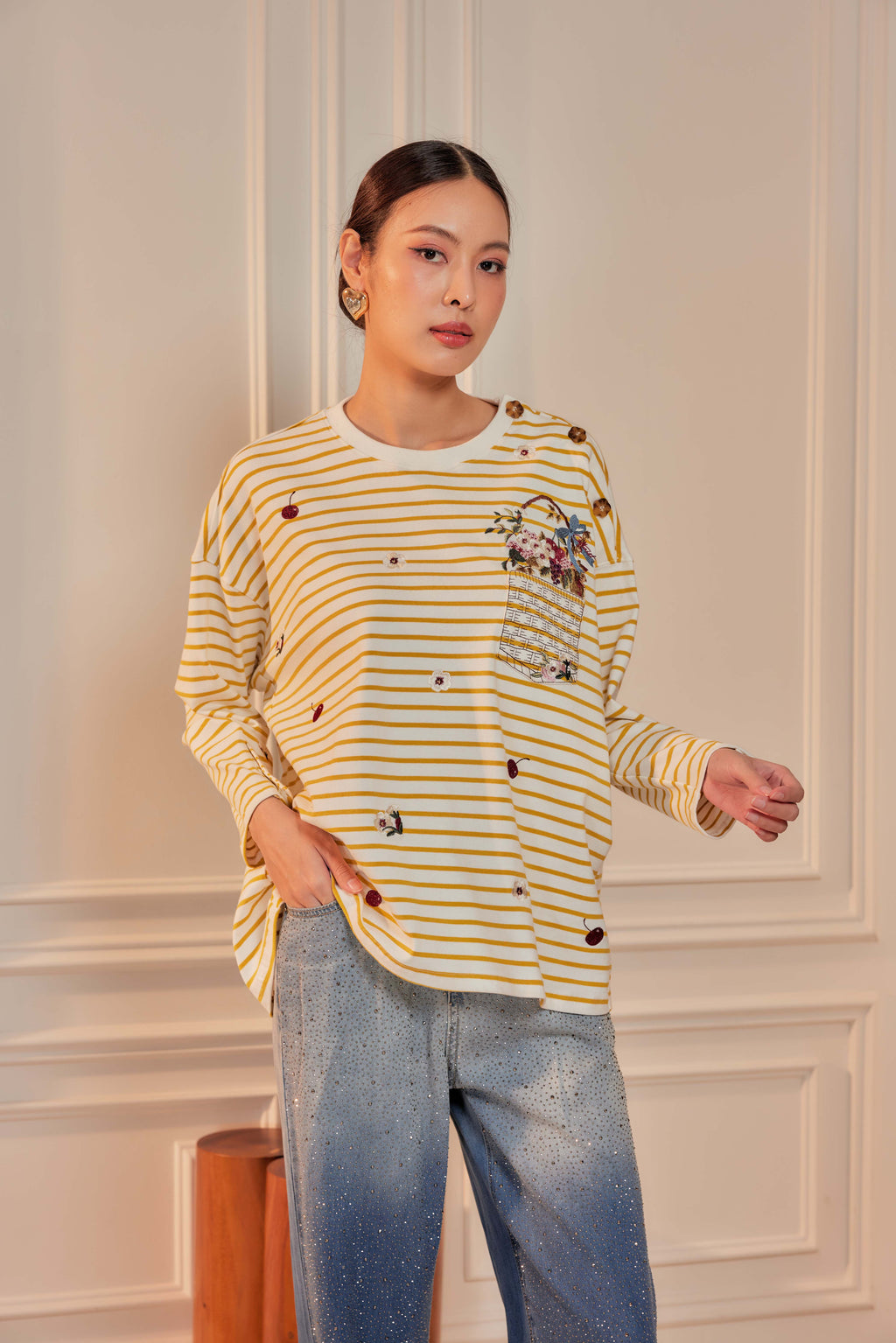 Butter Yellow Stripes - Fleuriste Embroidered Cotton Tee with Signature Buttons