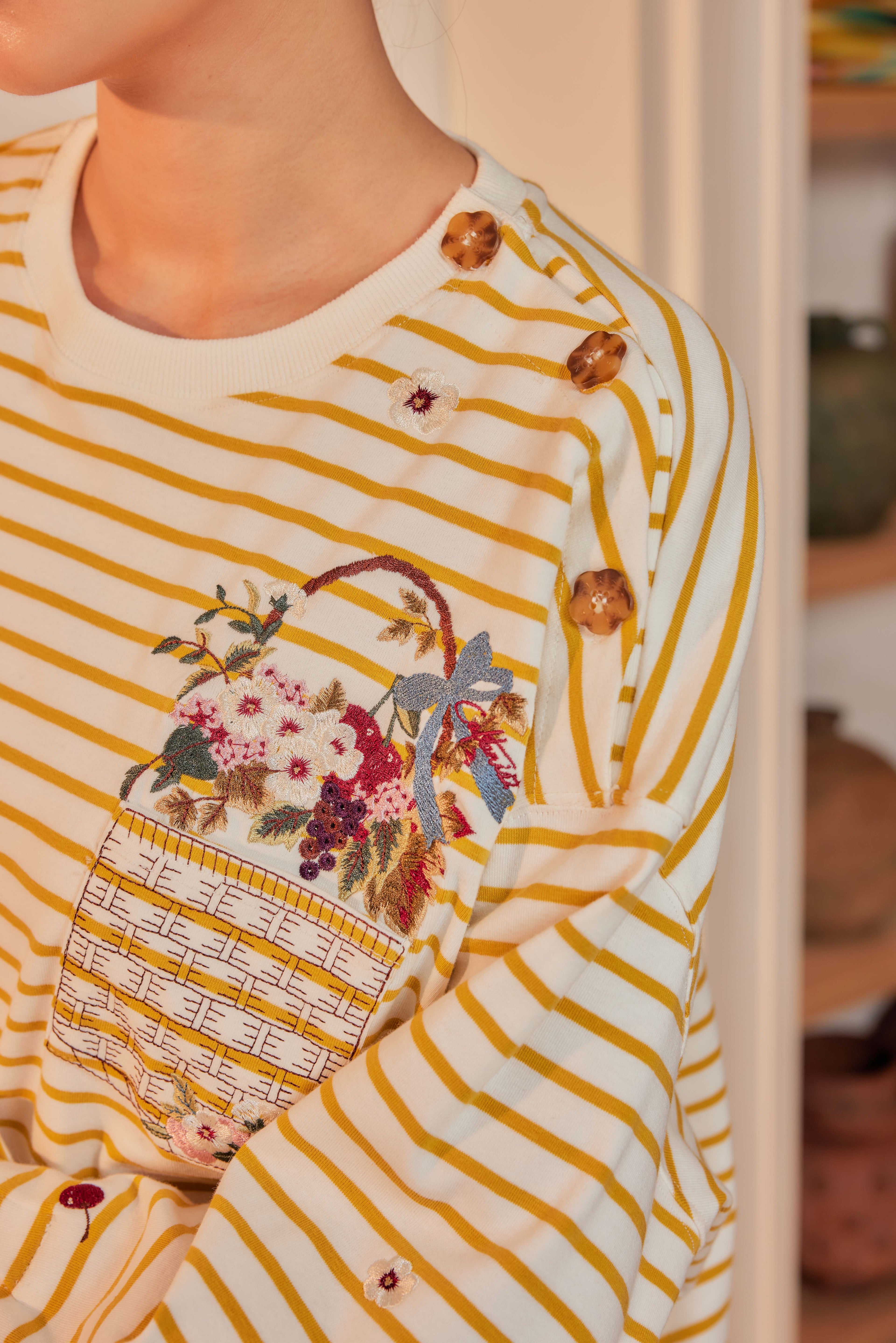 Butter Yellow Stripes - Fleuriste Embroidered Cotton Tee with Signature Buttons