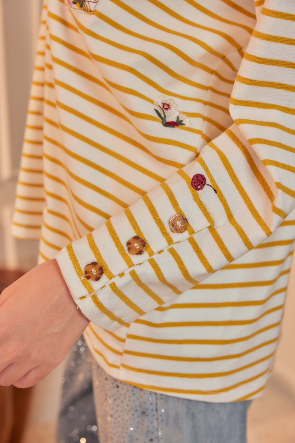 Butter Yellow Stripes - Fleuriste Embroidered Cotton Tee with Signature Buttons