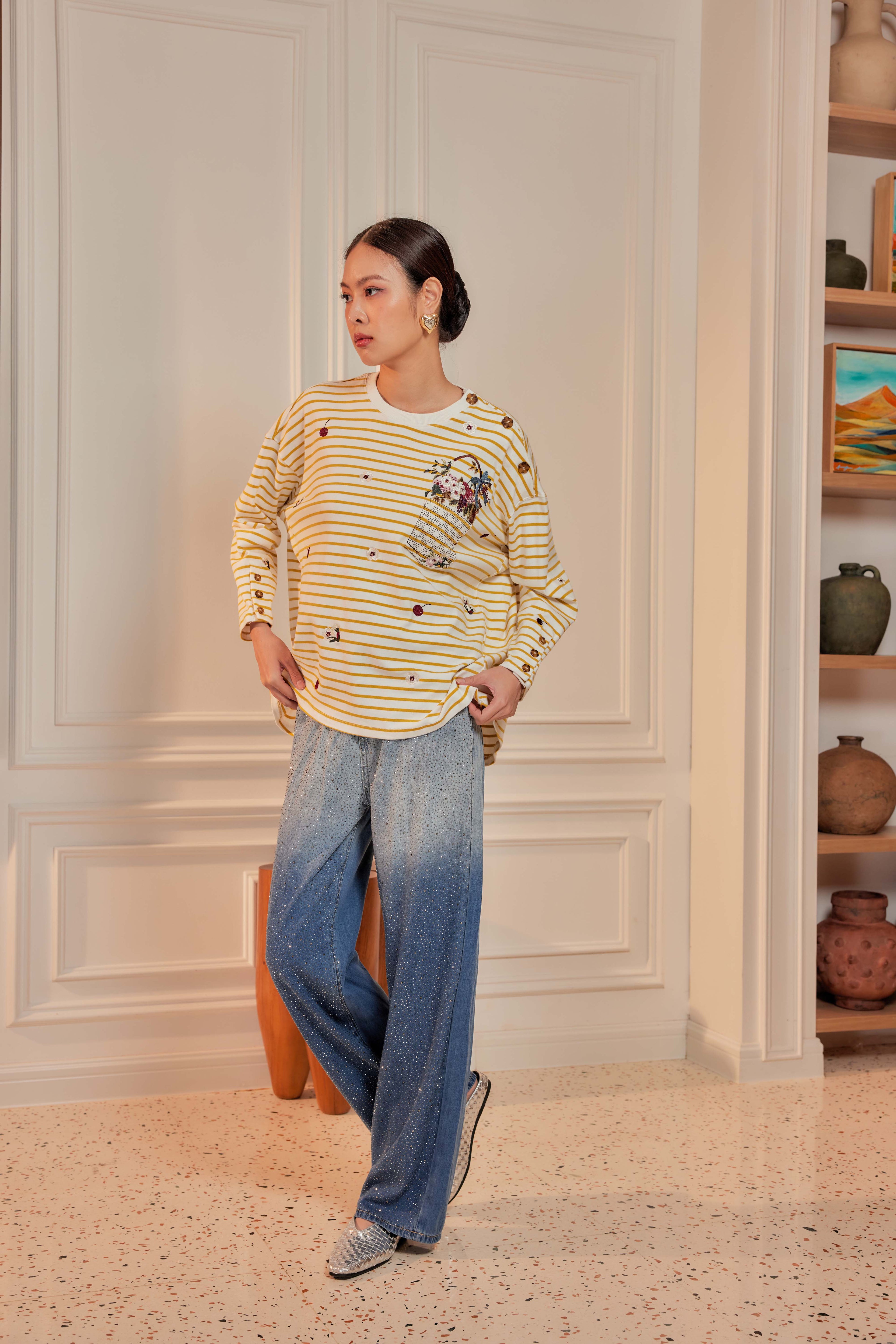 Butter Yellow Stripes - Fleuriste Embroidered Cotton Tee with Signature Buttons