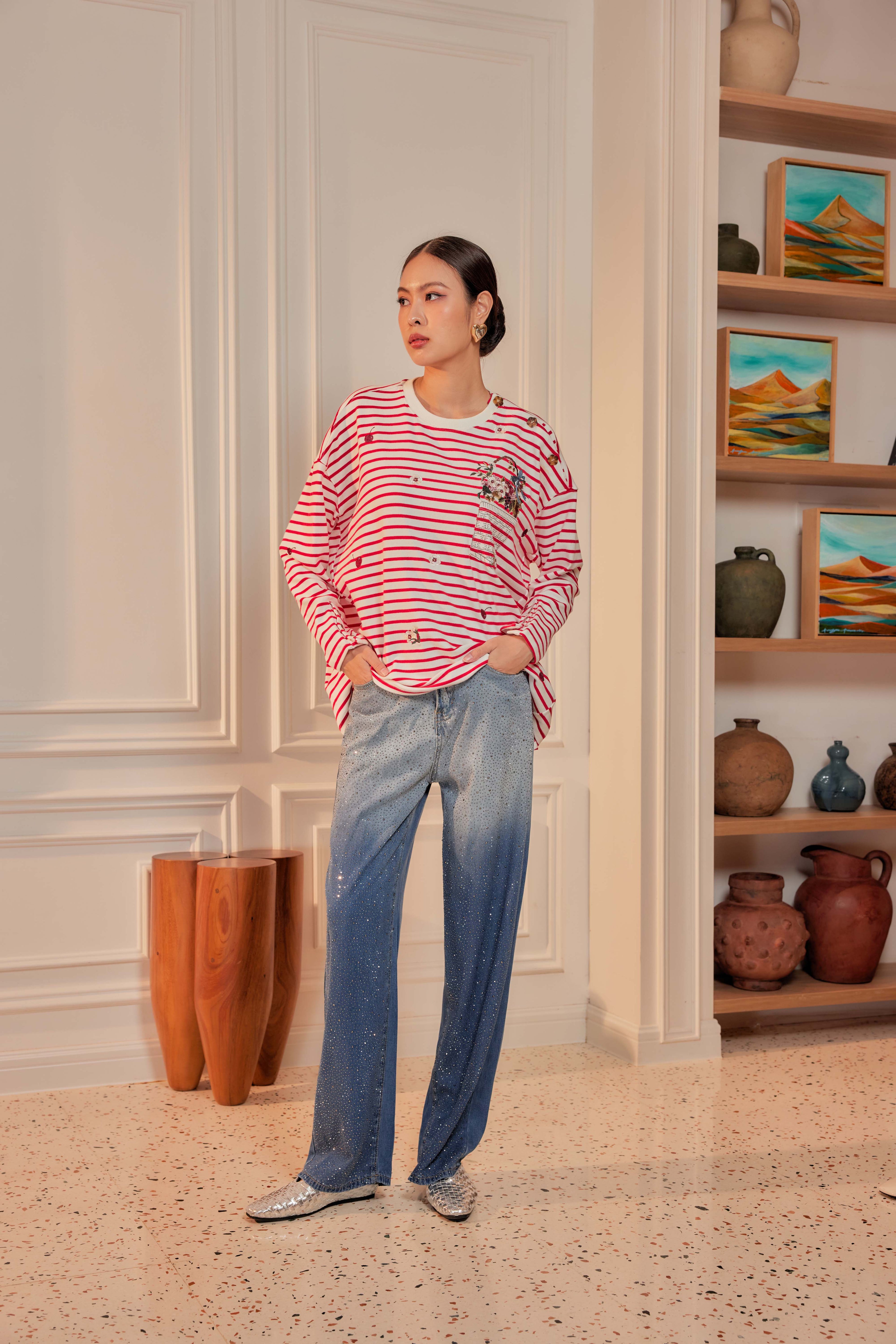 Cherry Stripes - Fleuriste Embroidered Cotton Tee with Signature Buttons