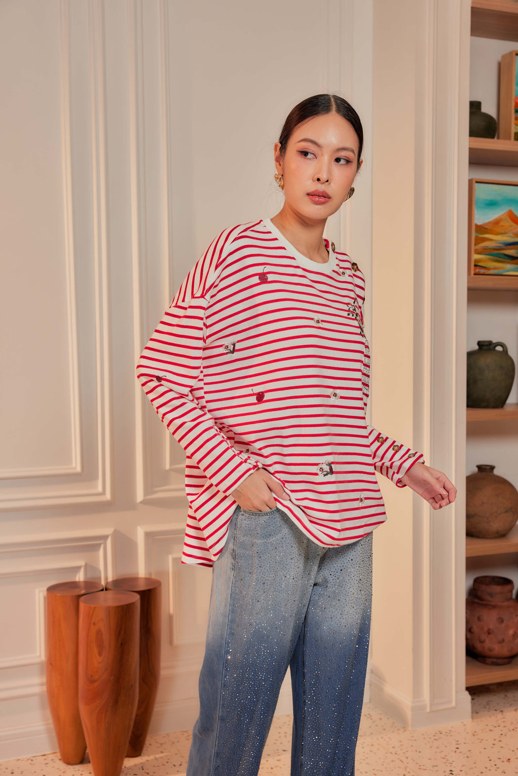 Cherry Stripes - Fleuriste Embroidered Cotton Tee with Signature Buttons