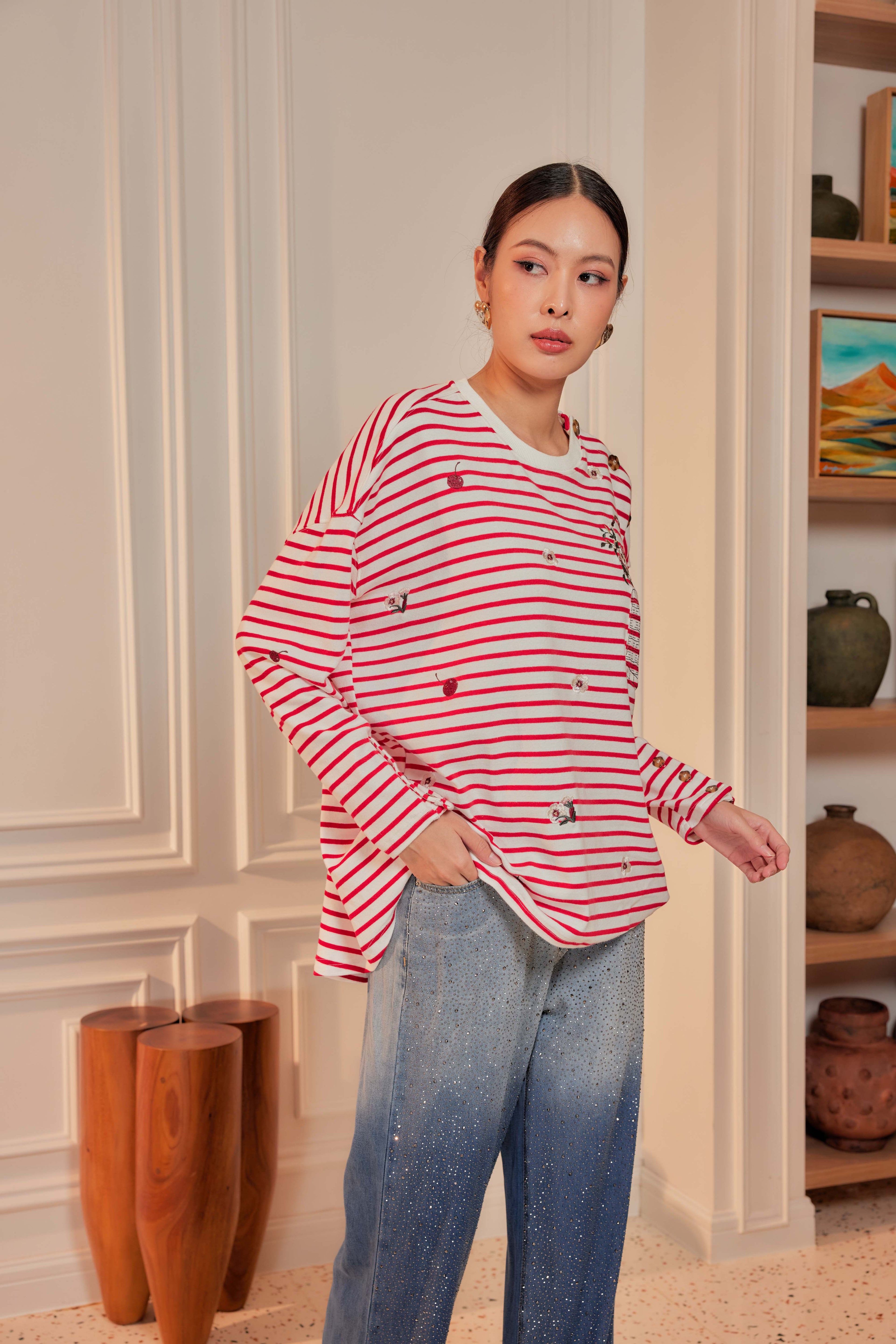 Cherry Stripes - Fleuriste Embroidered Cotton Tee with Signature Buttons