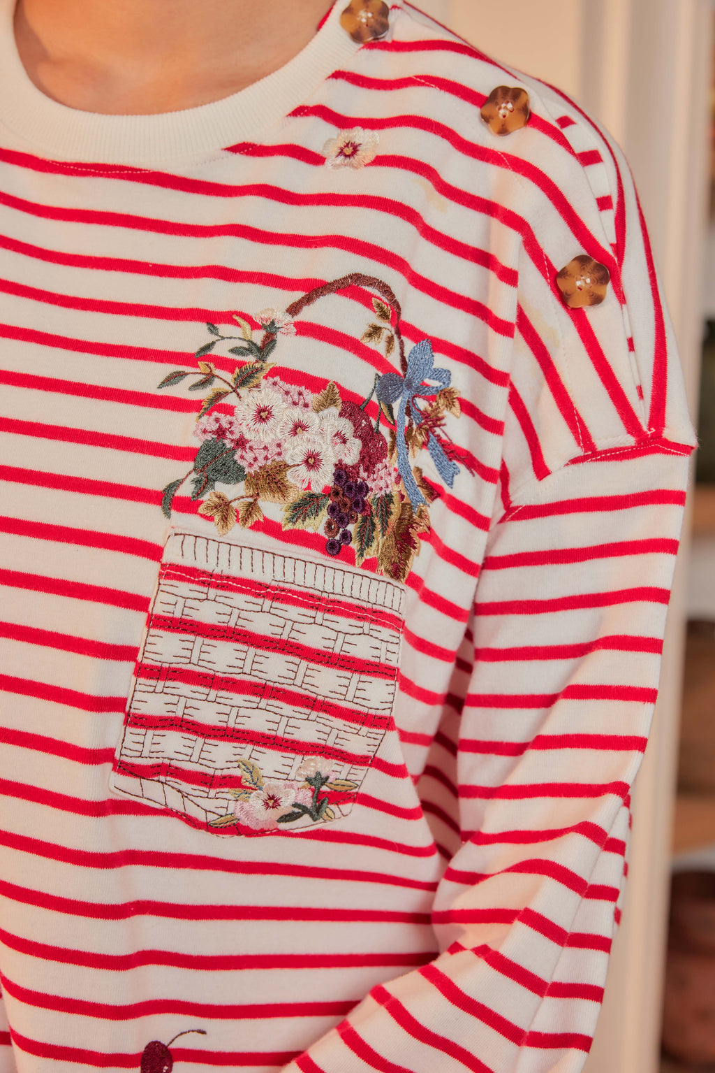 Cherry Stripes - Fleuriste Embroidered Cotton Tee with Signature Buttons