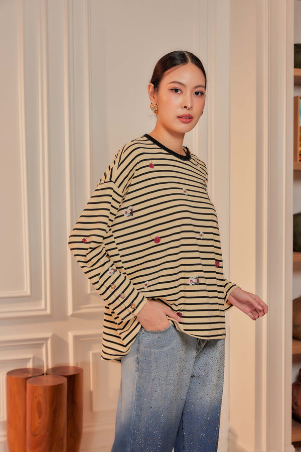 Ivory Black Stripes - Fleuriste Embroidered Cotton Tee with Signature Buttons