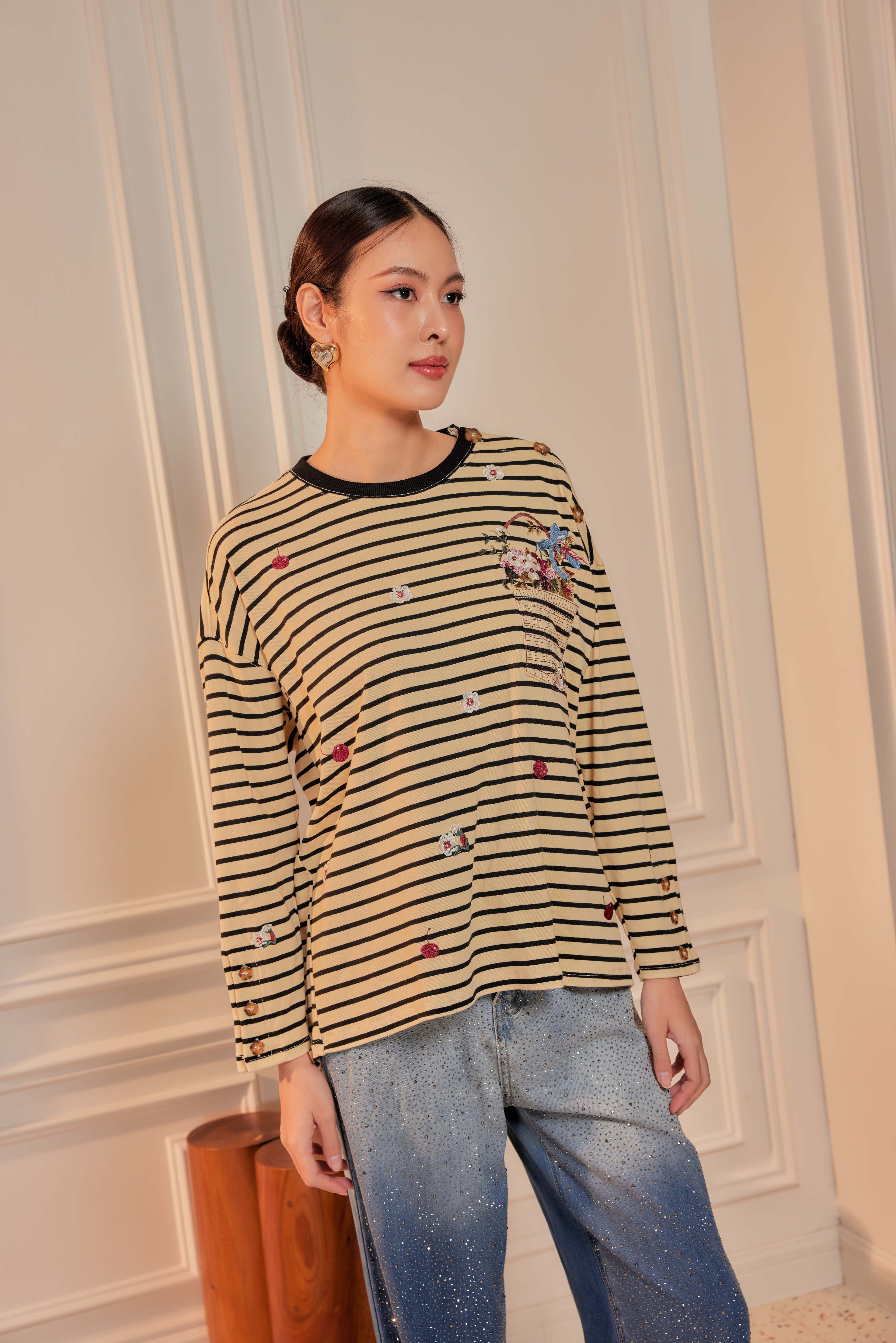 Ivory Black Stripes - Fleuriste Embroidered Cotton Tee with Signature Buttons