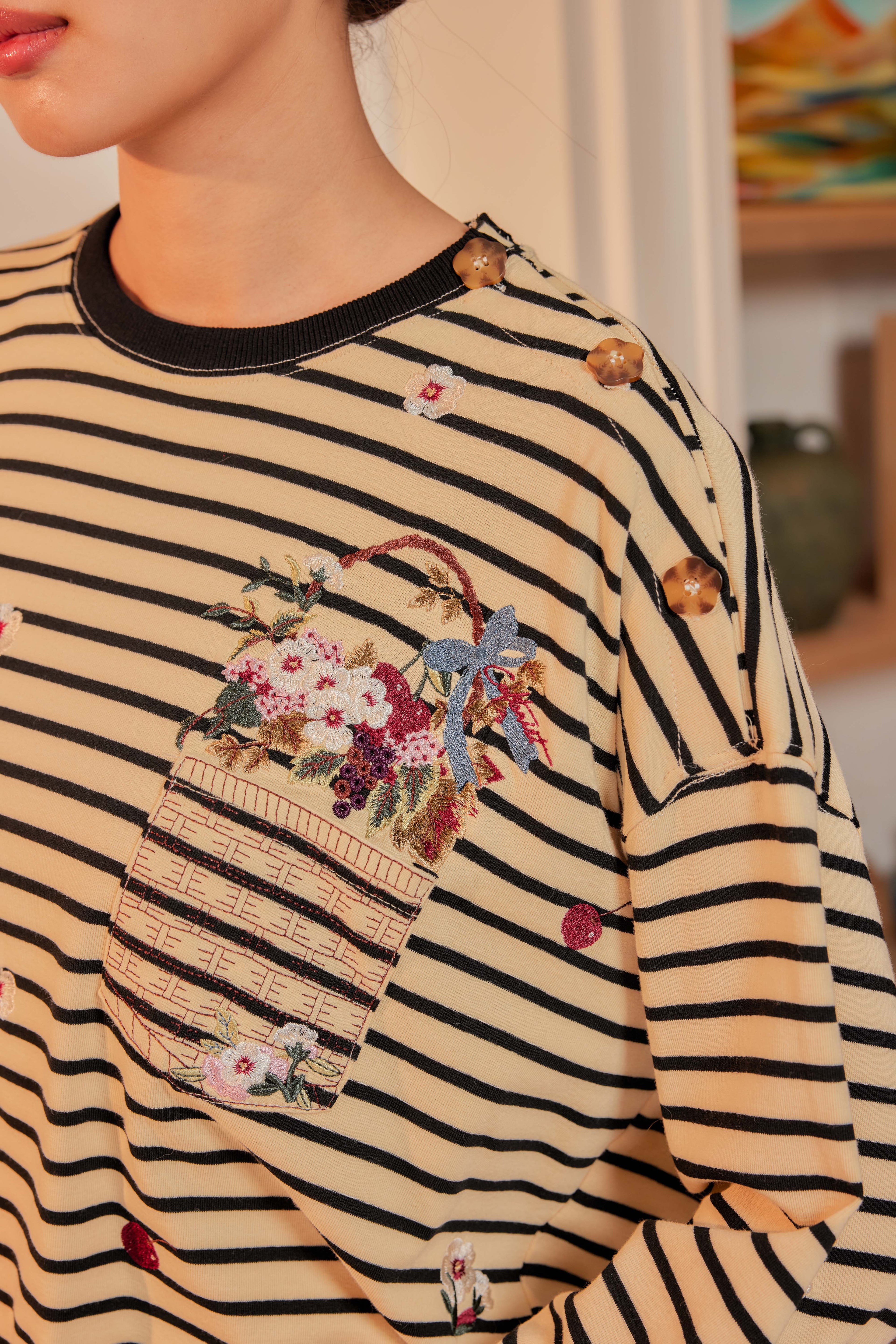 Ivory Black Stripes - Fleuriste Embroidered Cotton Tee with Signature Buttons