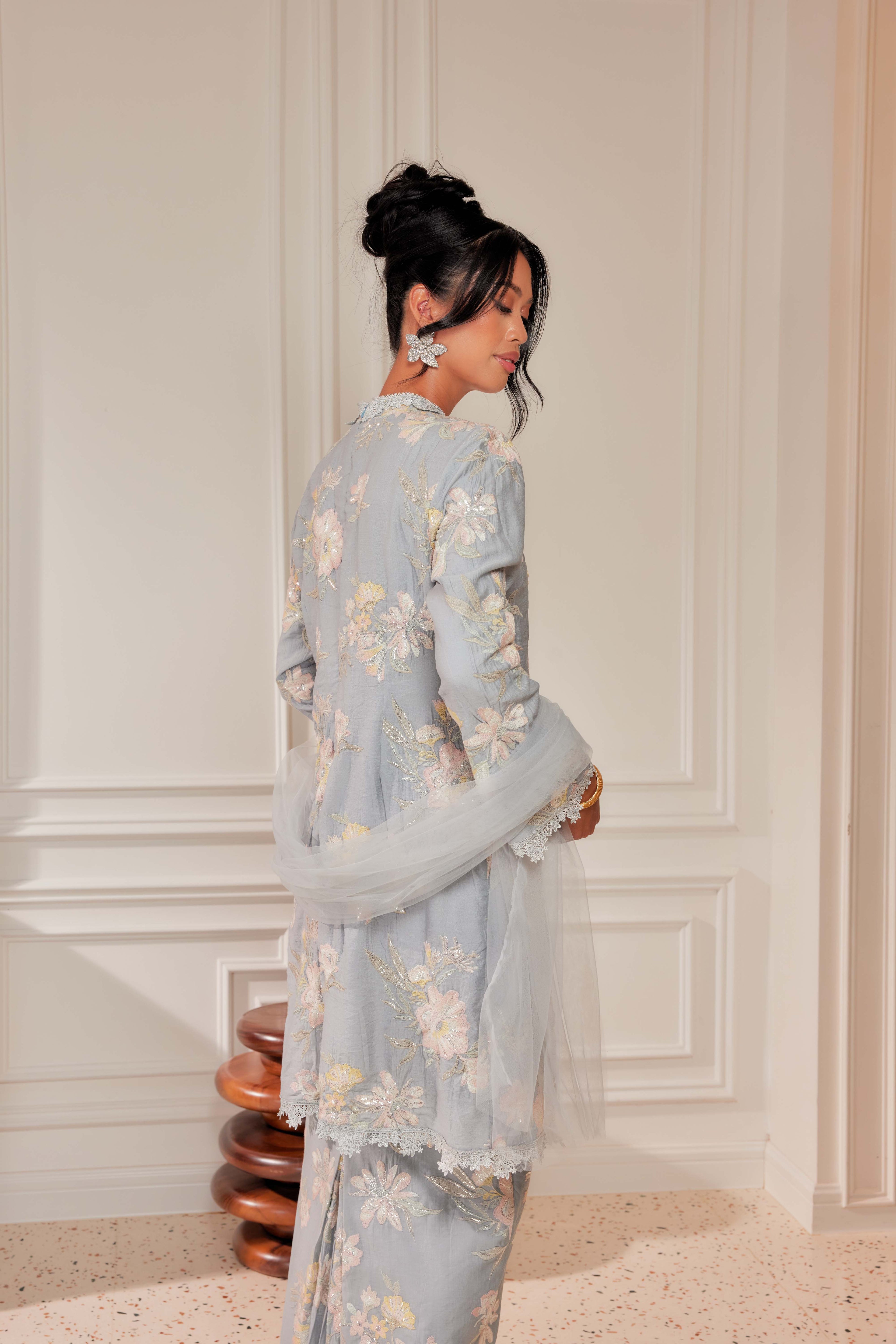 Ash Blue - Embun Sulam Kurung with 3-Piece Pearled Brooch Set (Fully Lined)