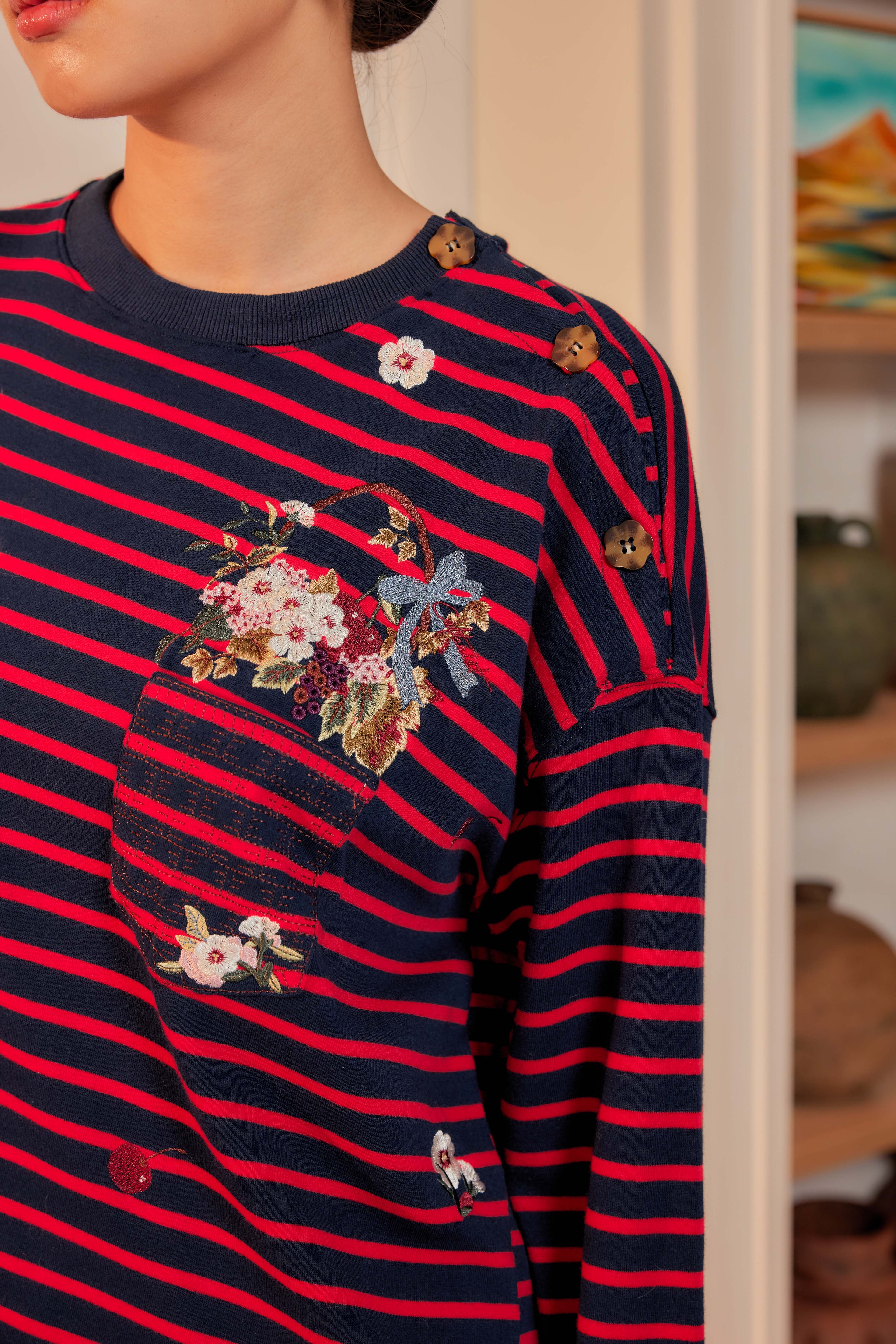Midnight Cherry Stripes - Fleuriste Embroidered Cotton Tee with Signature Buttons