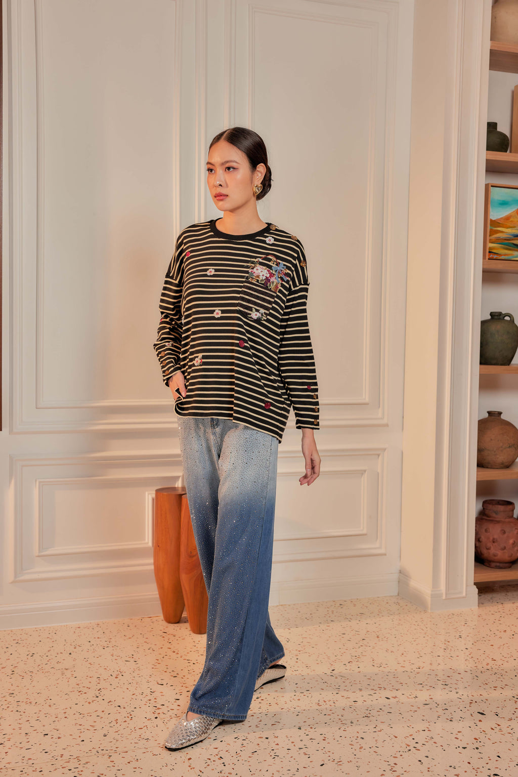 Black Ivory Stripes - Fleuriste Embroidered Cotton Tee with Signature Buttons