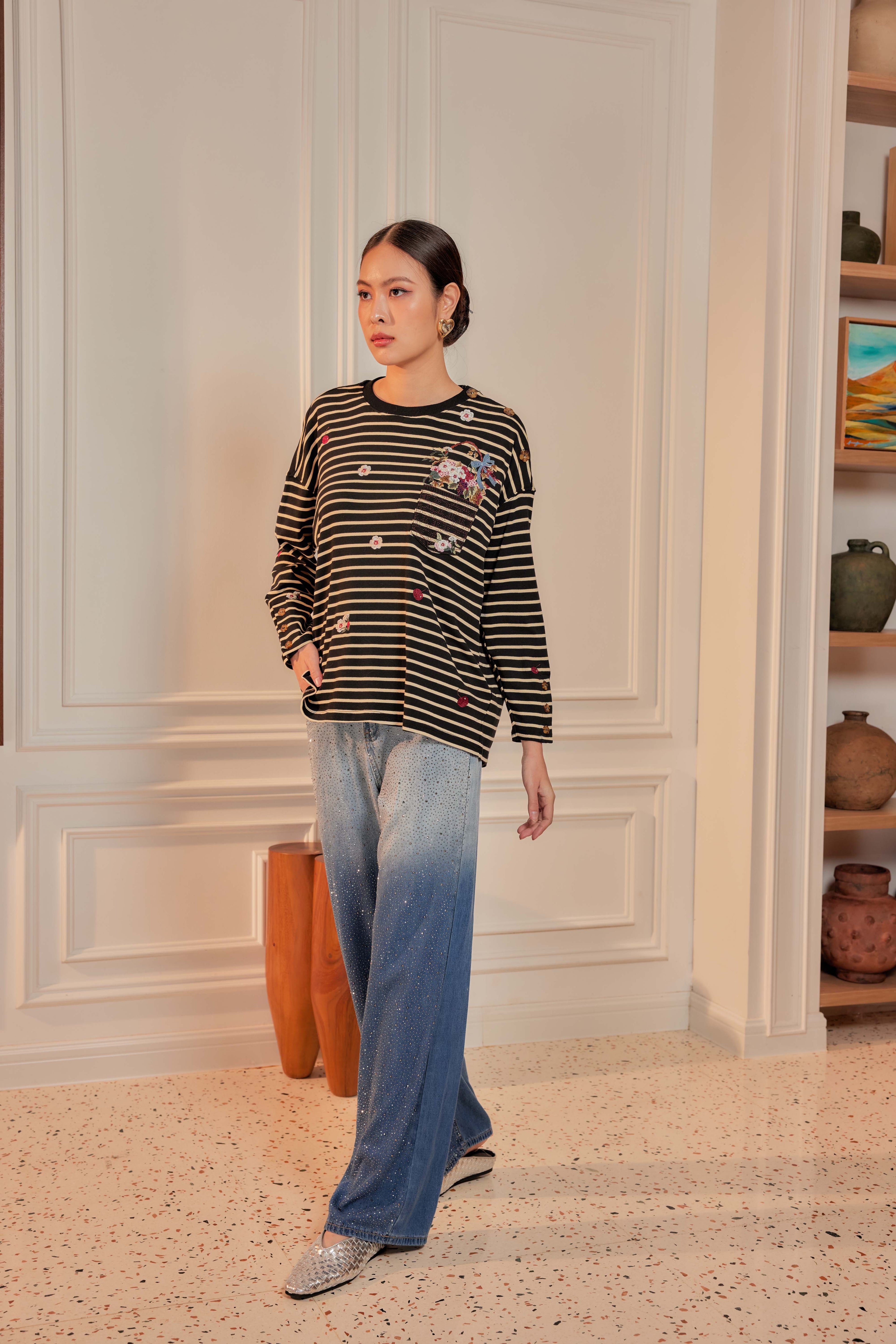 Black Ivory Stripes - Fleuriste Embroidered Cotton Tee with Signature Buttons