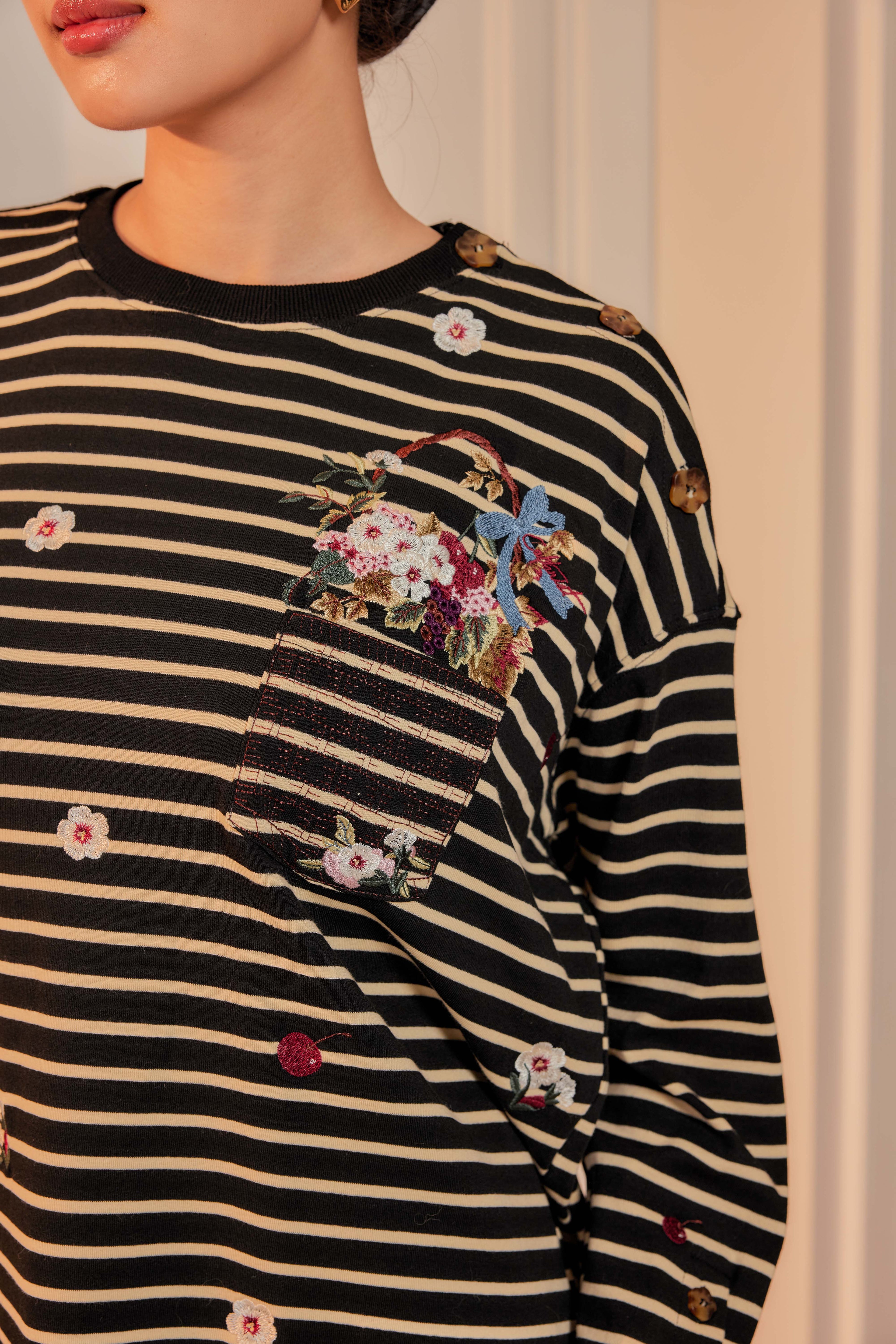 Black Ivory Stripes - Fleuriste Embroidered Cotton Tee with Signature Buttons