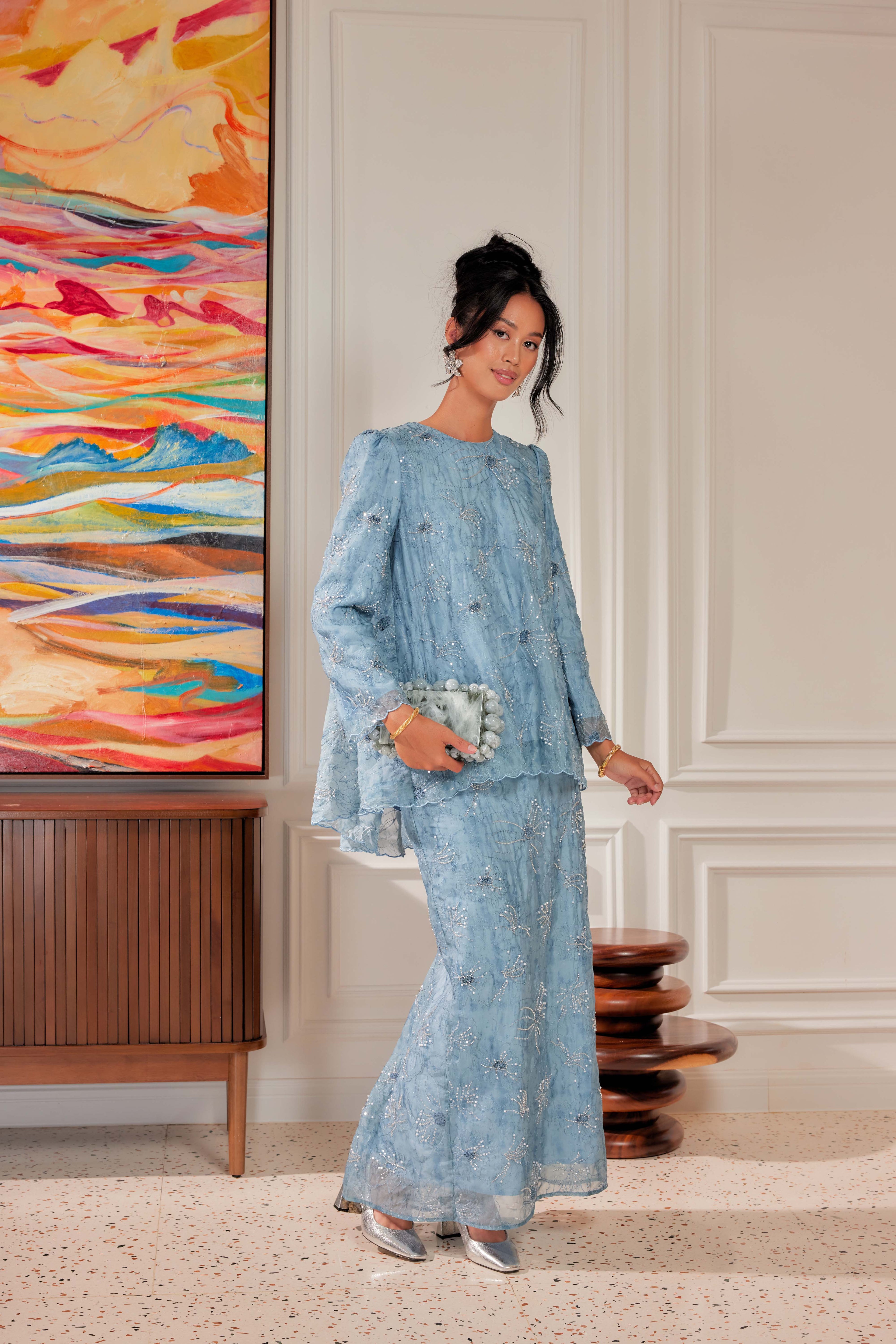 Ash Blue - Nona Pearl Beaded Embellished Kurung (Fully Lined)