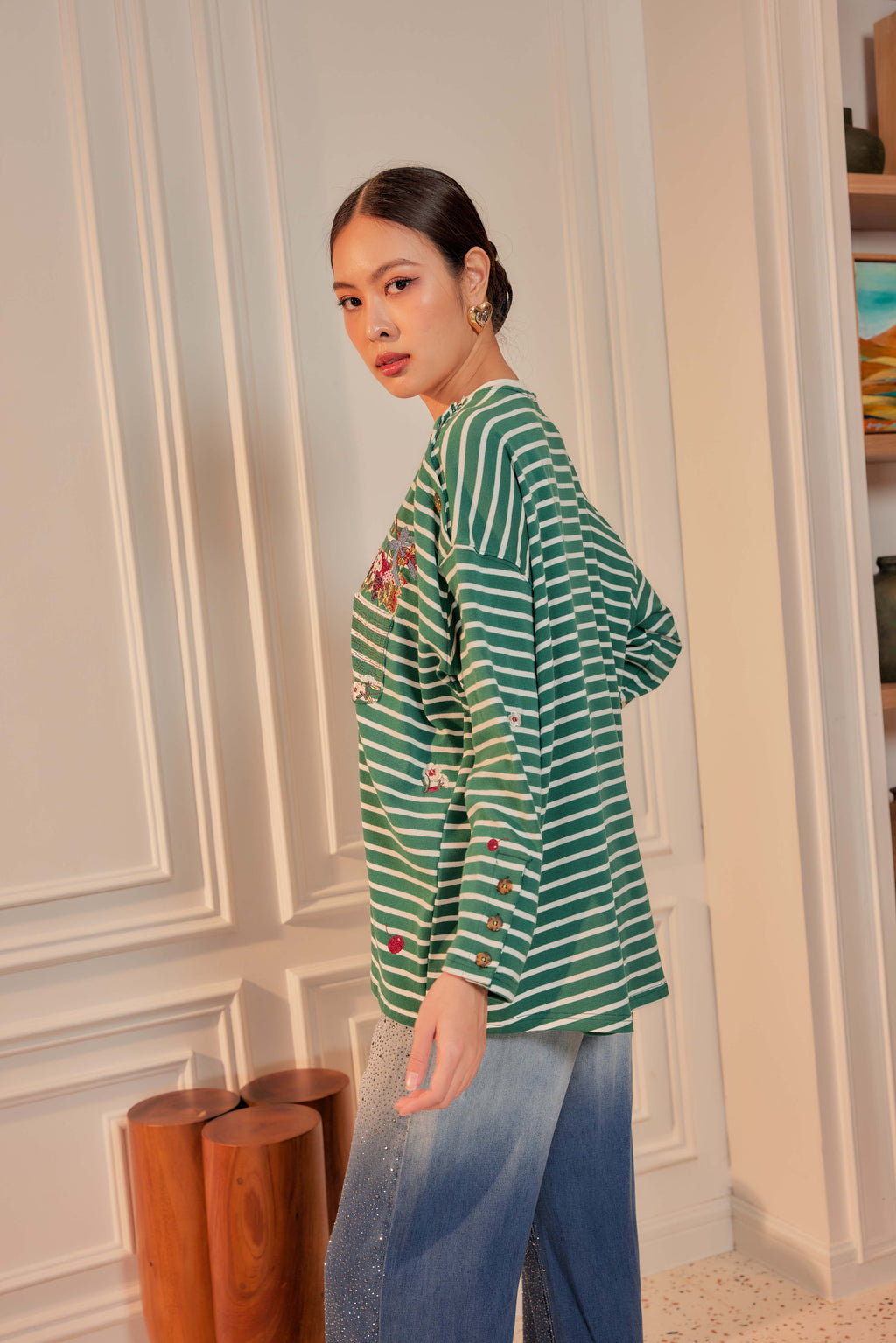 Emerald Stripes - Fleuriste Embroidered Cotton Tee with Signature Buttons