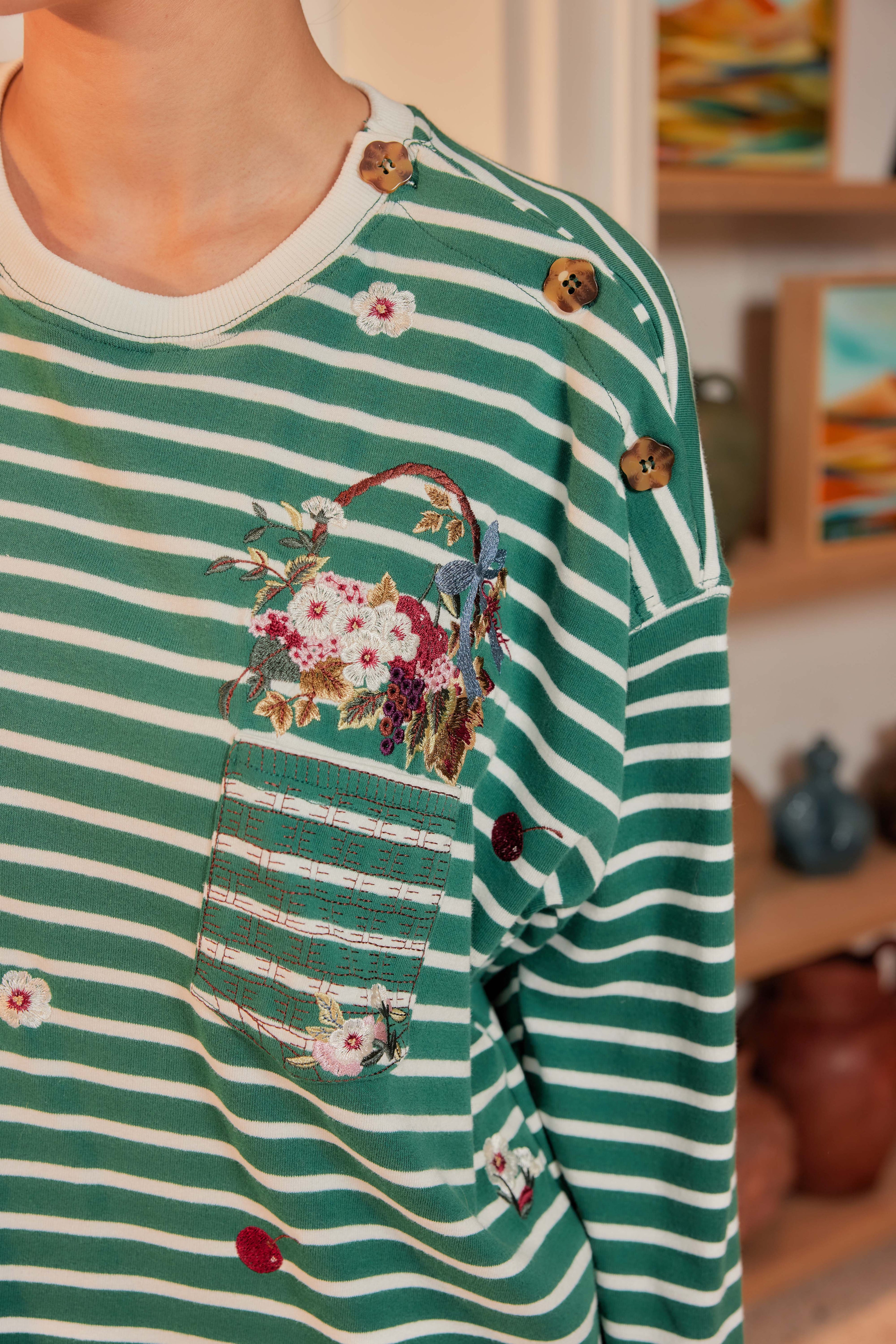 Emerald Stripes - Fleuriste Embroidered Cotton Tee with Signature Buttons