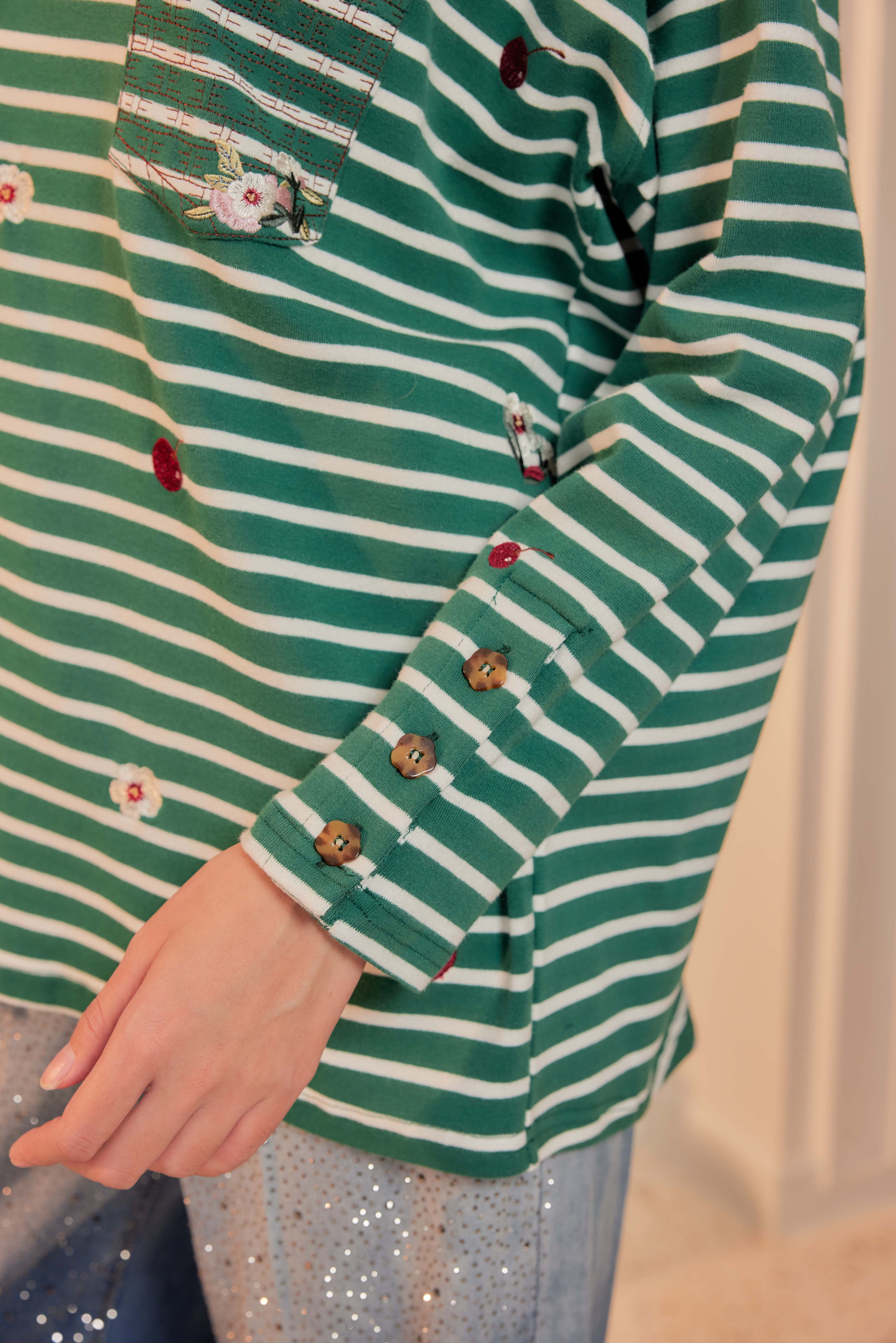 Emerald Stripes - Fleuriste Embroidered Cotton Tee with Signature Buttons