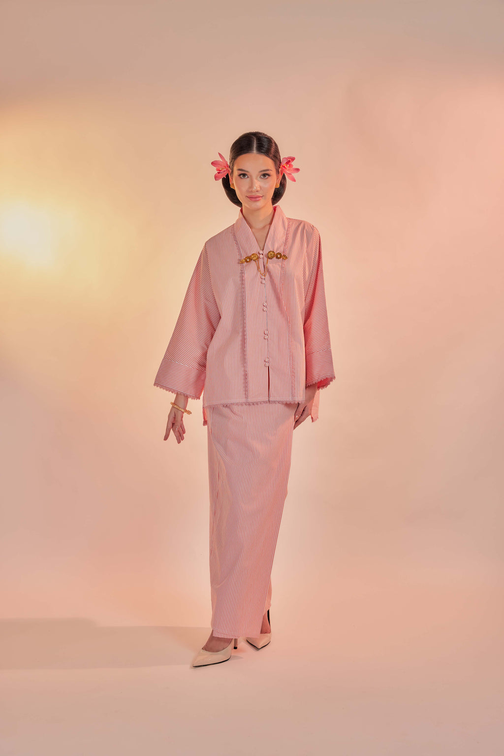 Jingga-Orked Cotton Striped Kebaya with Lace Trim Set