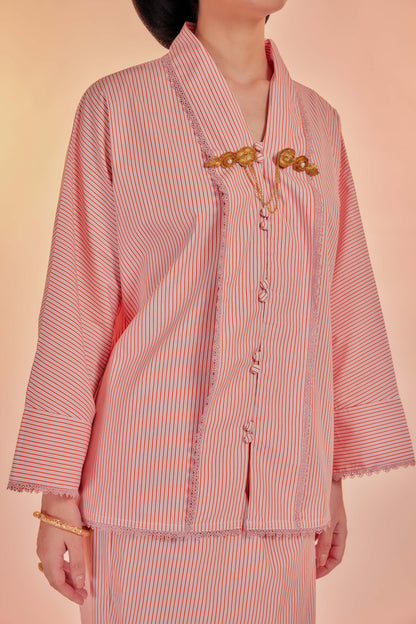 Jingga-Orked Cotton Striped Kebaya with Lace Trim Set