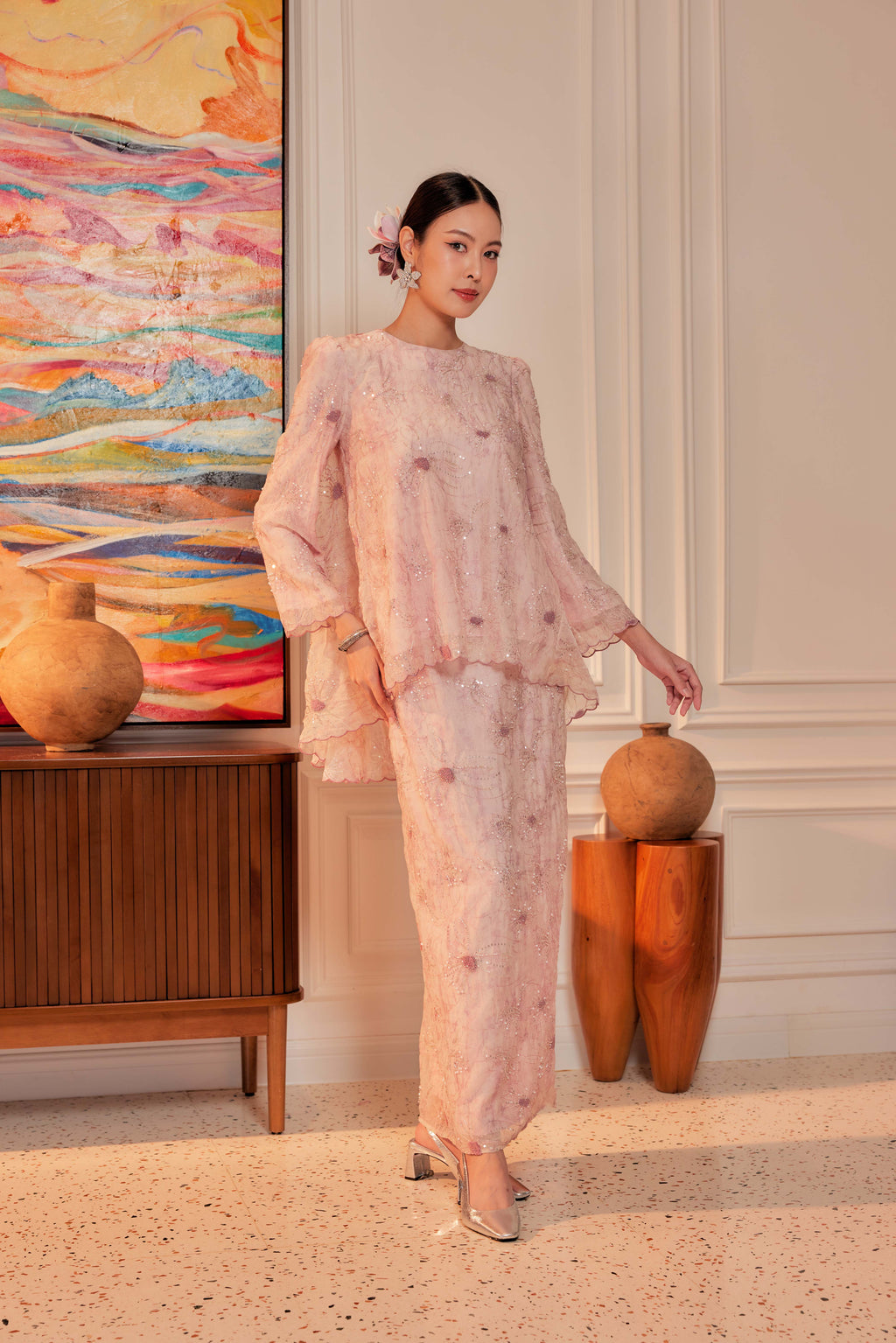 Cotton Candy - Nona Pearl Beaded Embellished Kurung (Fully Lined)