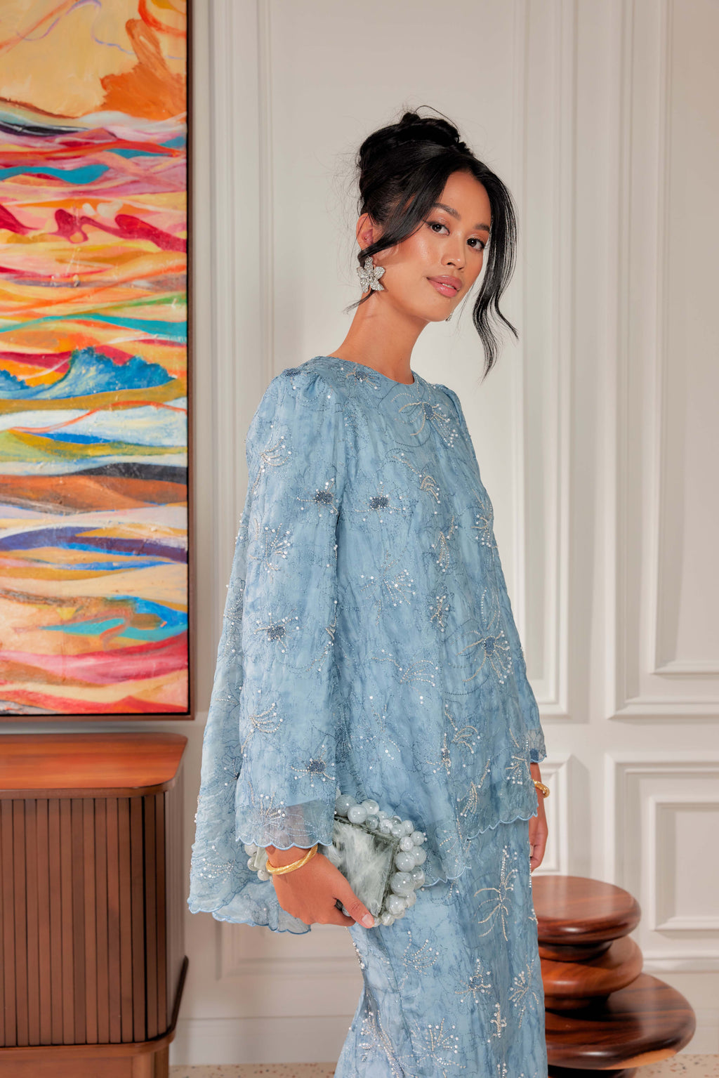 Ash Blue - Nona Pearl Beaded Embellished Kurung (Fully Lined)