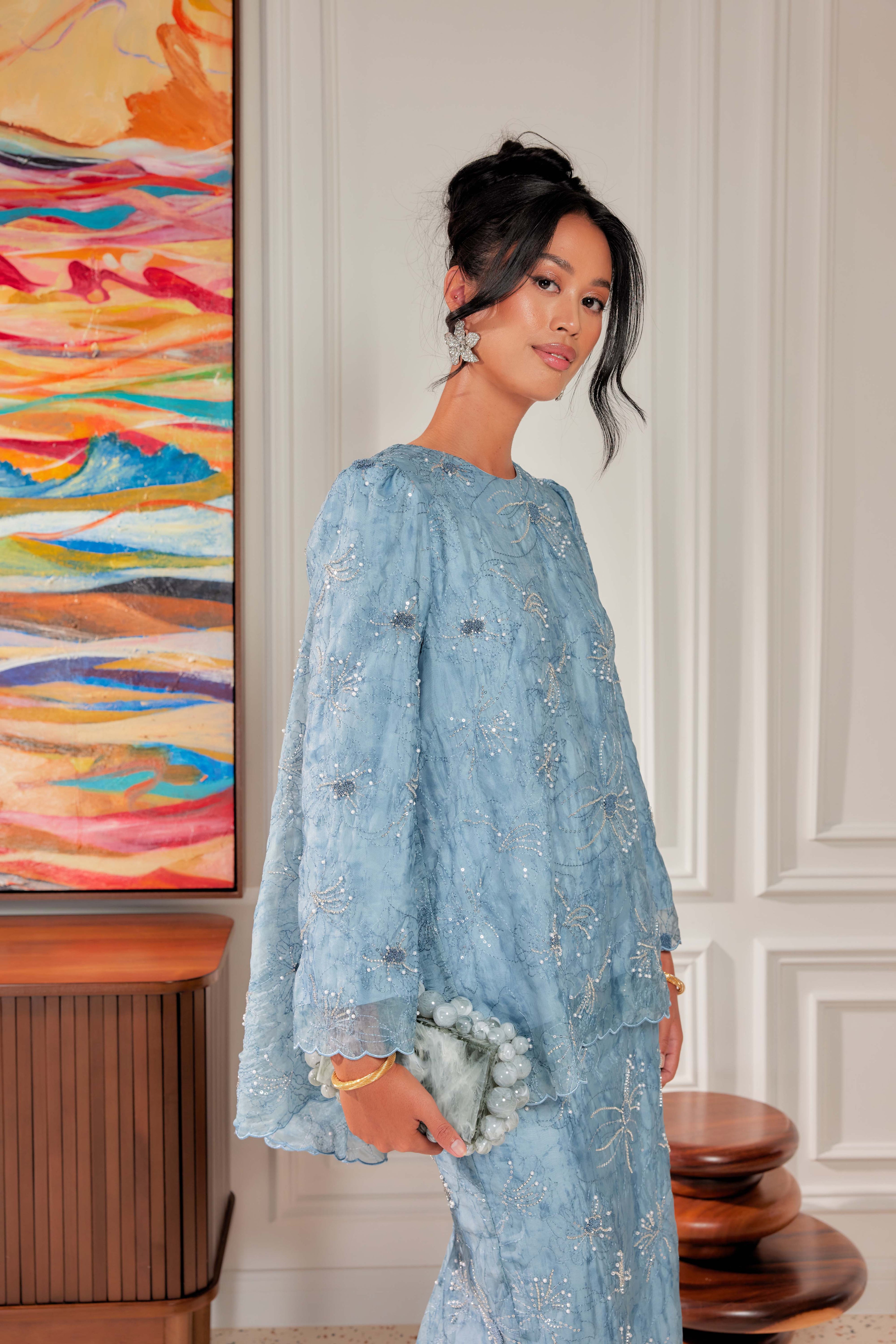 Ash Blue - Nona Pearl Beaded Embellished Kurung (Fully Lined)