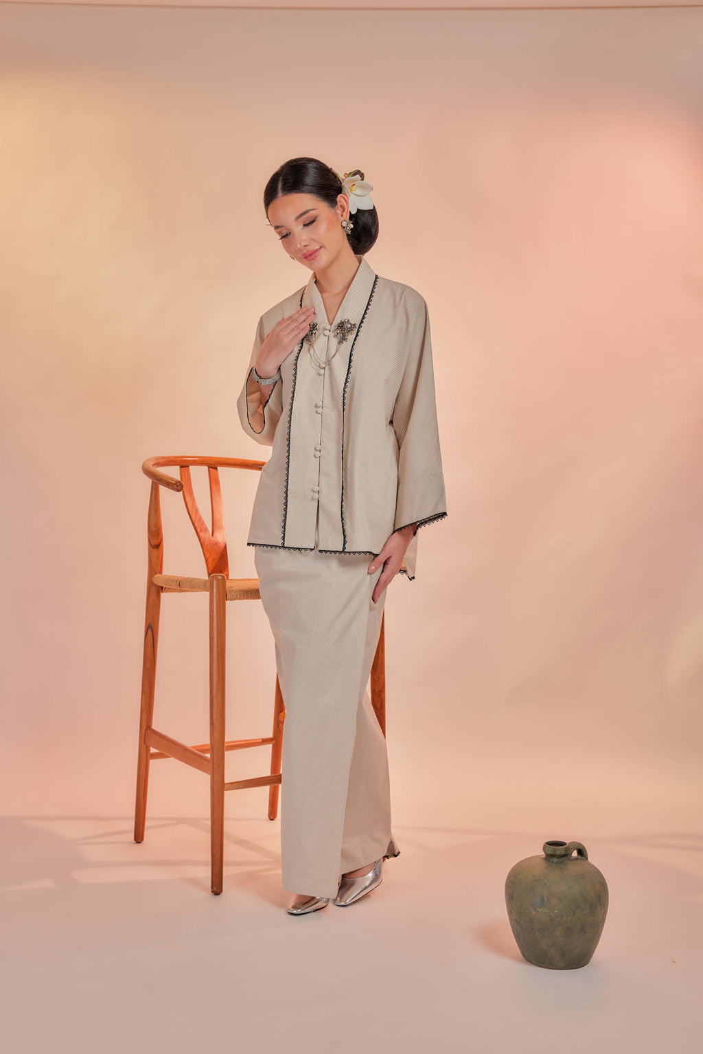 Vanila-Orked Cotton Striped Kebaya with Lace Trim Set