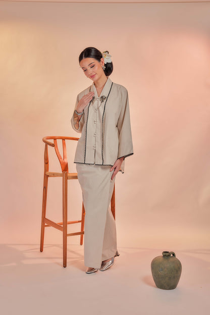 Vanila-Orked Cotton Striped Kebaya with Lace Trim Set